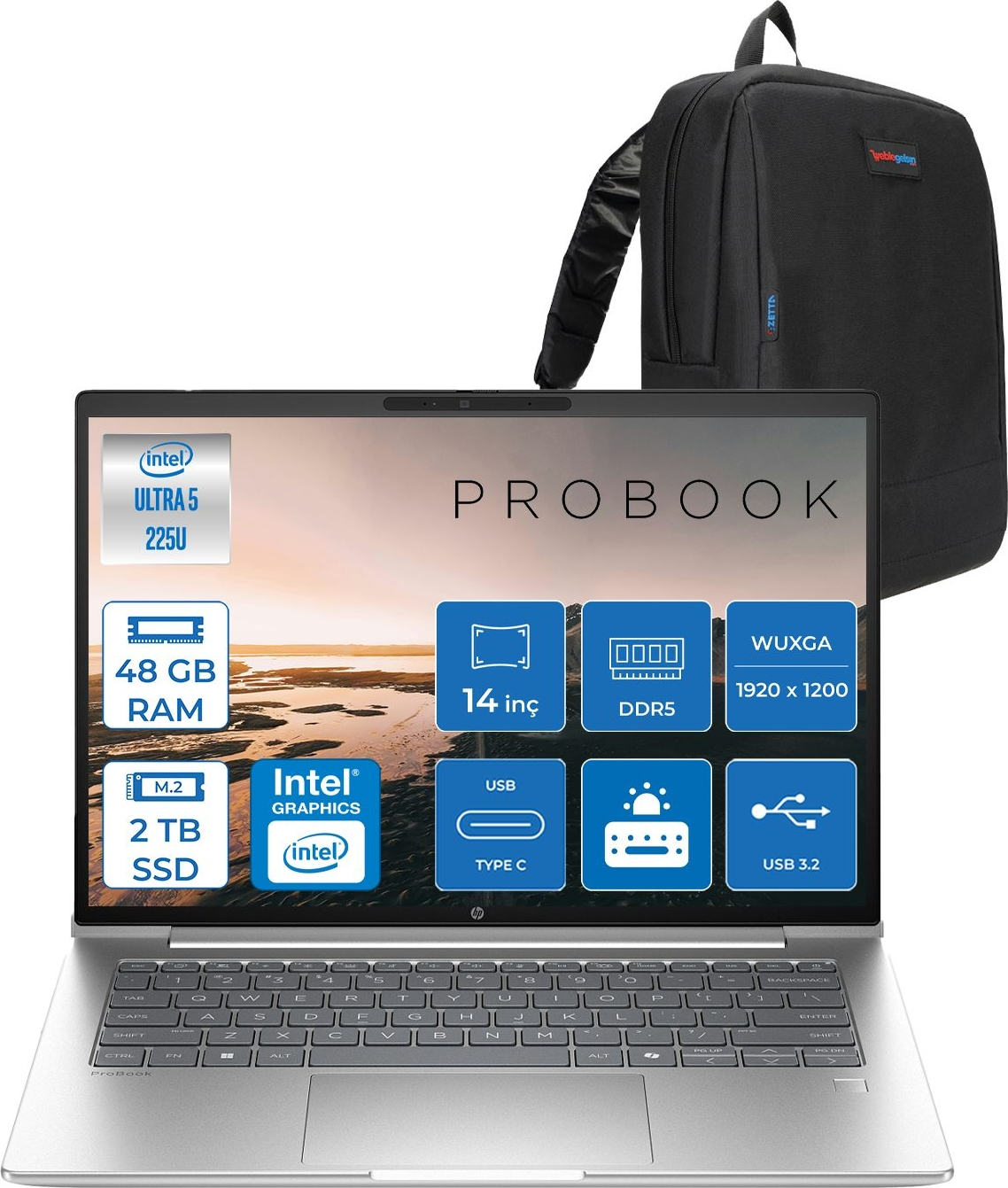 Gümüş laptop Intel Ultra 5, 48 GB RAM, 2 TB SSD, siyah sırt çantası.