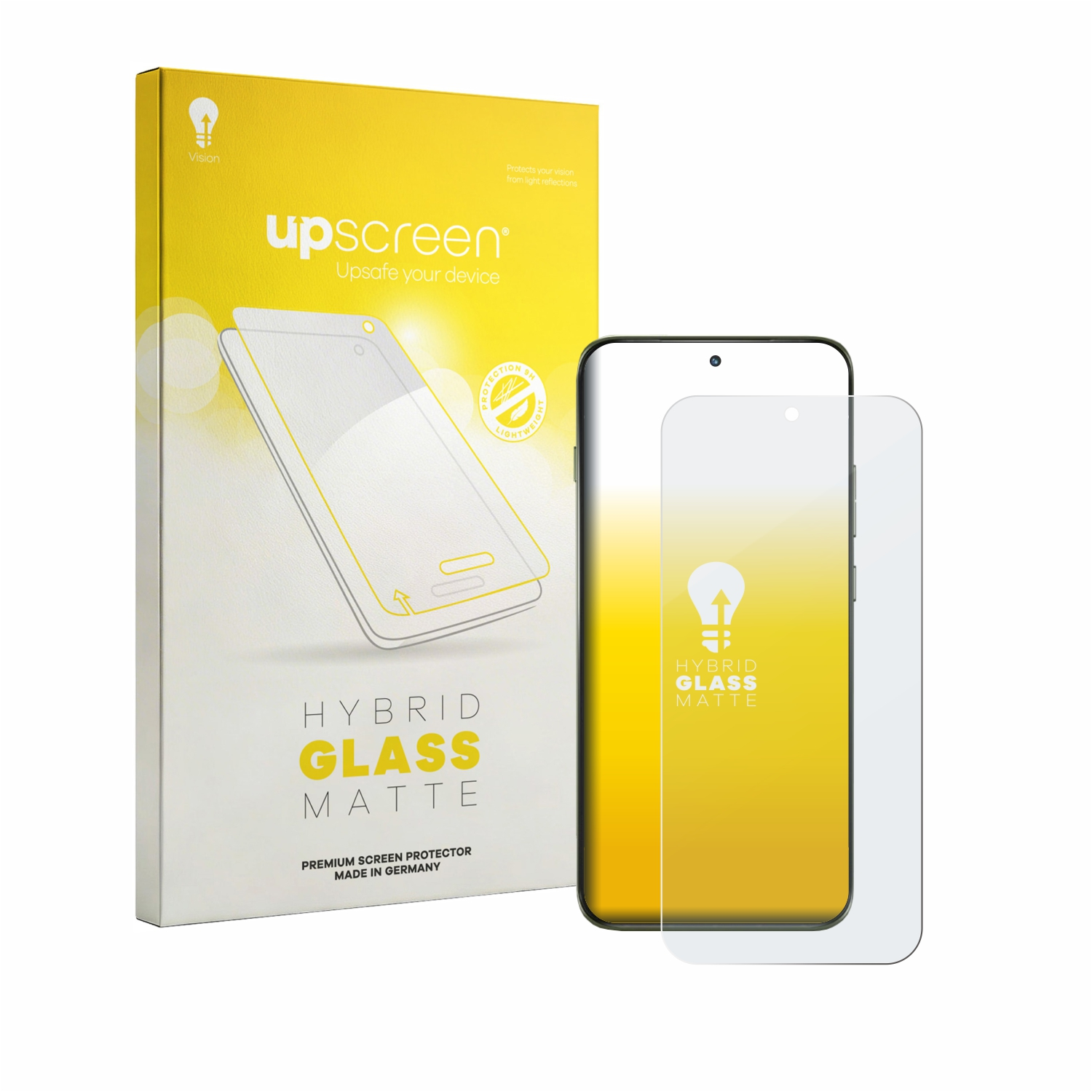 Upscreen Hybrid Glass Matte Displayschutzfolien-Verpackung und Handy mit Schutz.