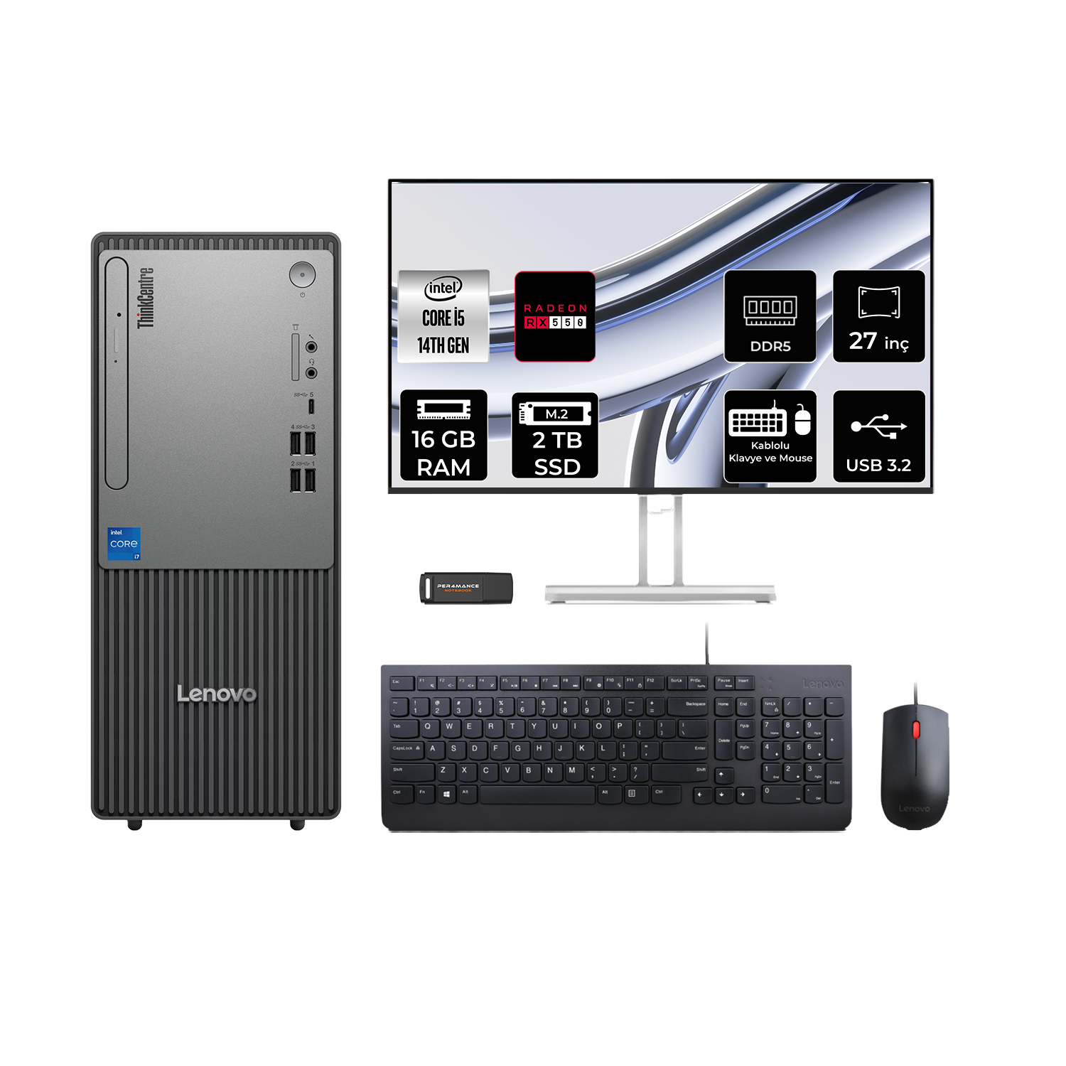 Lenovo PC, monitör, klavye ve fare. Özellikler: Intel Core i5 14. Nesil, 16 GB RAM, 2 TB SSD, DDR5, 27 inç.