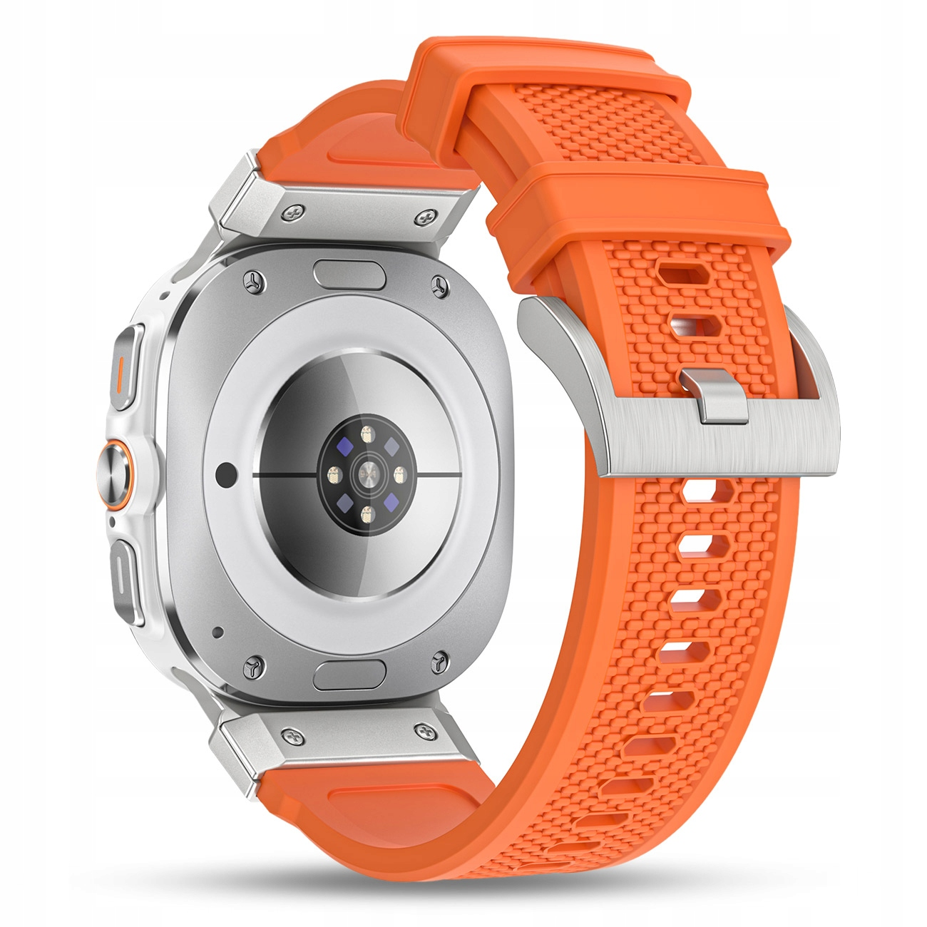 Srebrny smartwatch z pomarańczowym paskiem, pokazujący tylne czujniki i przyciski.
