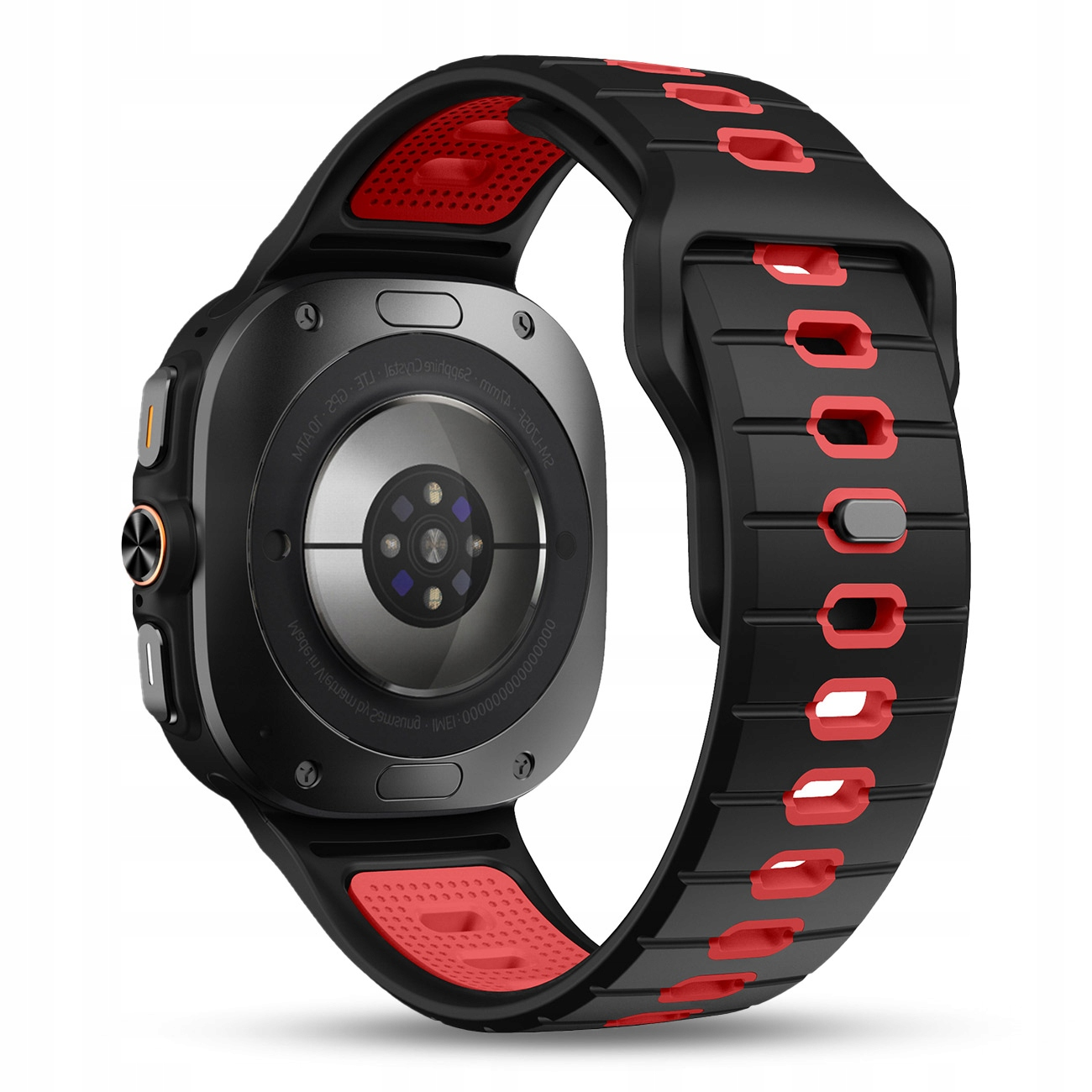Czarny smartwatch z czerwonymi akcentami i czujnikiem tętna z tyłu.