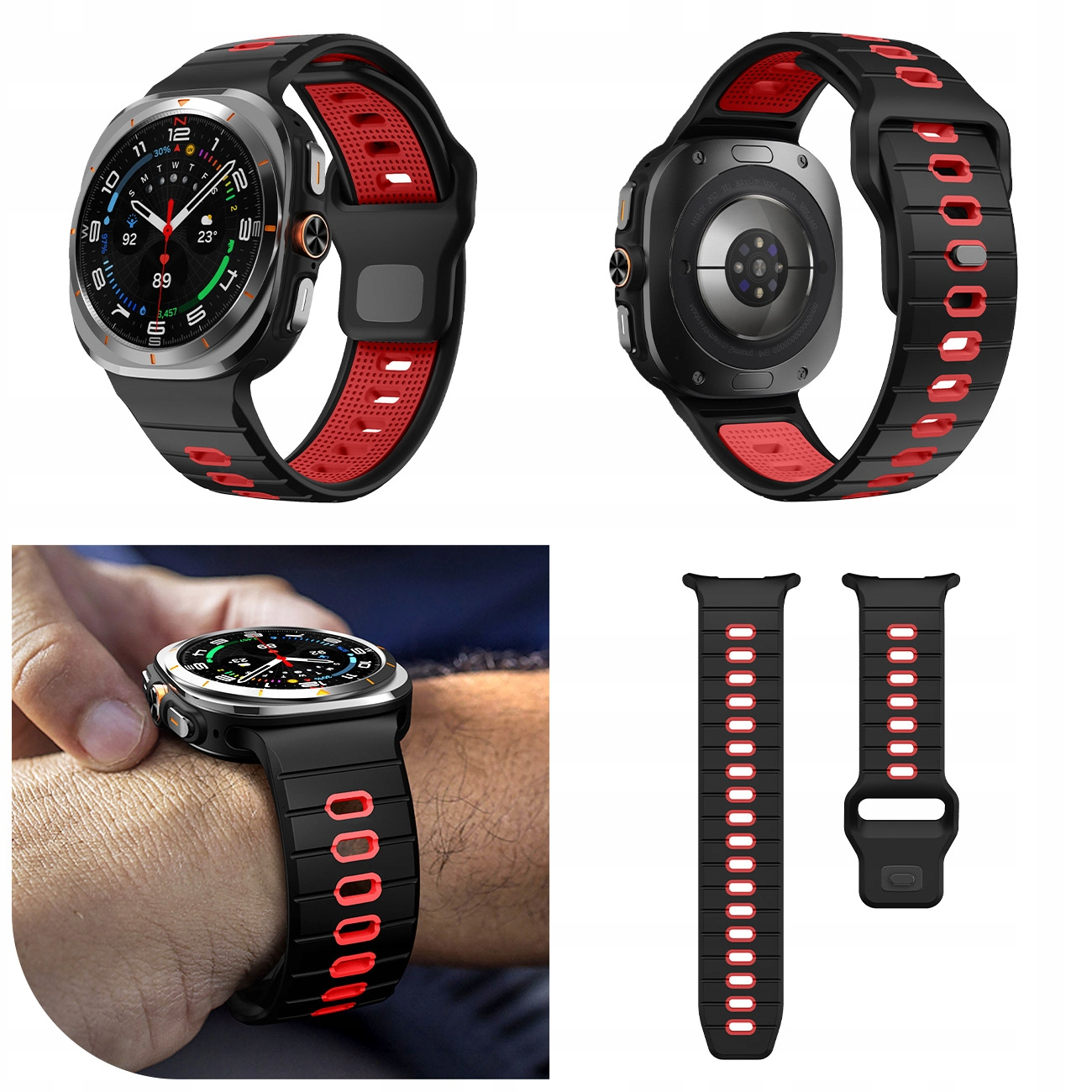 Czarno-czerwona opaska smartwatch pokazana na nadgarstku i osobno.