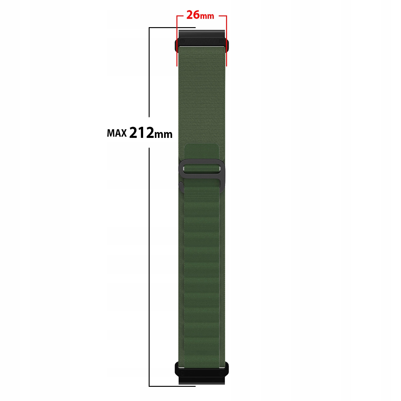 Zielona opaska tekstylna z czarną klamrą, szerokość 26mm, maks. 212mm.