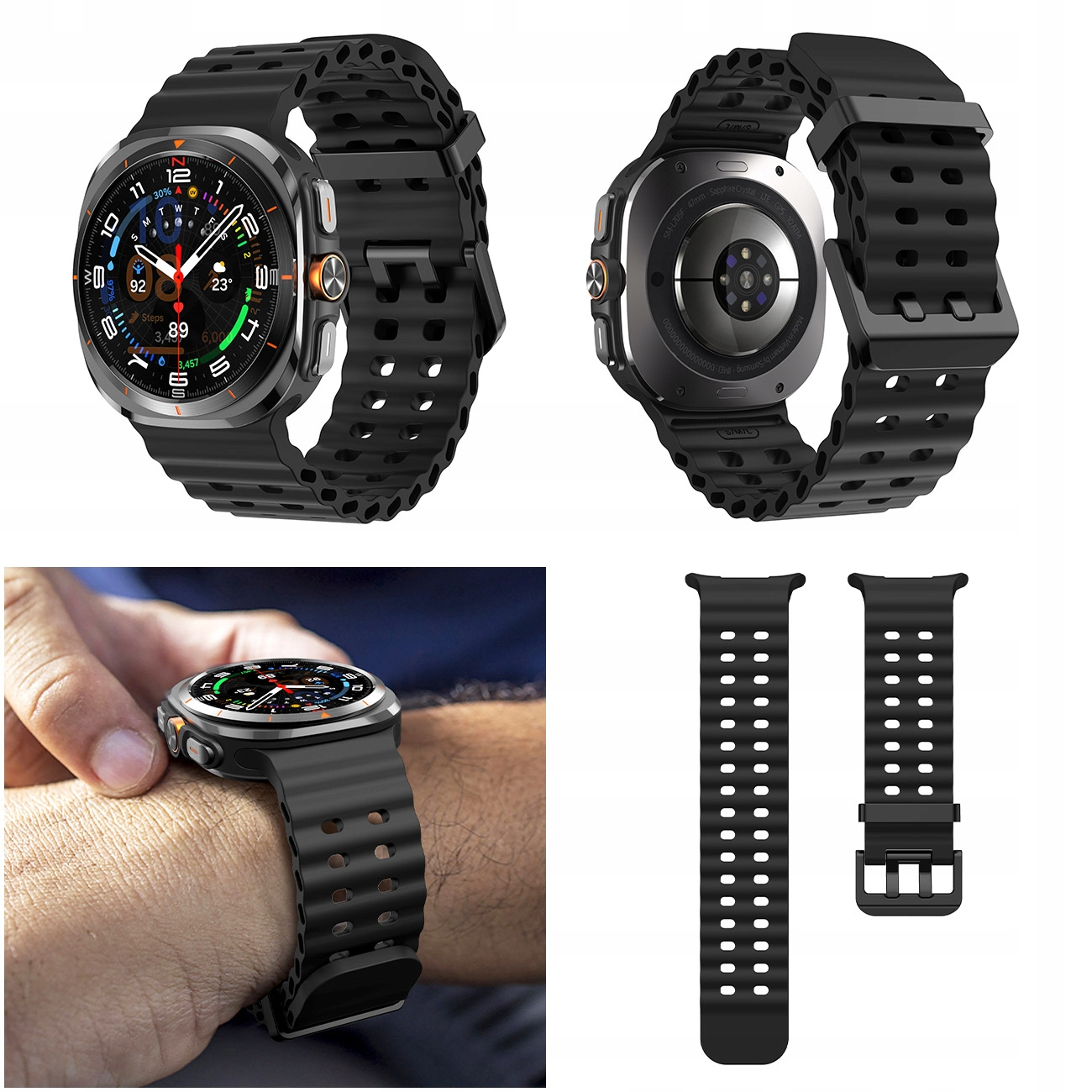 Kolaż czterech zdjęć przedstawiający czarny smartwatch, przód, tył, na nadgarstku i zapasowe paski.