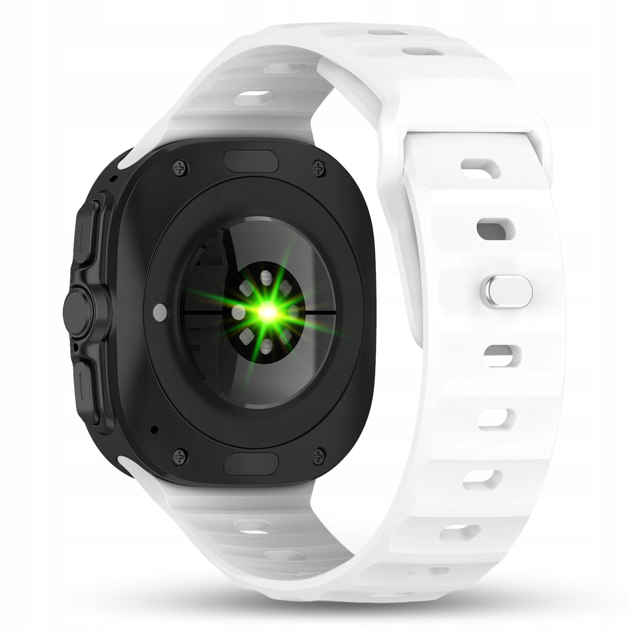 Czarny smartwatch z białym paskiem. Zielone światło na czujniku tętna.