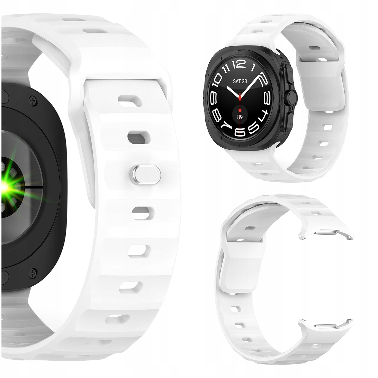 Biała opaska smartwatch z tarczą i częściami paska