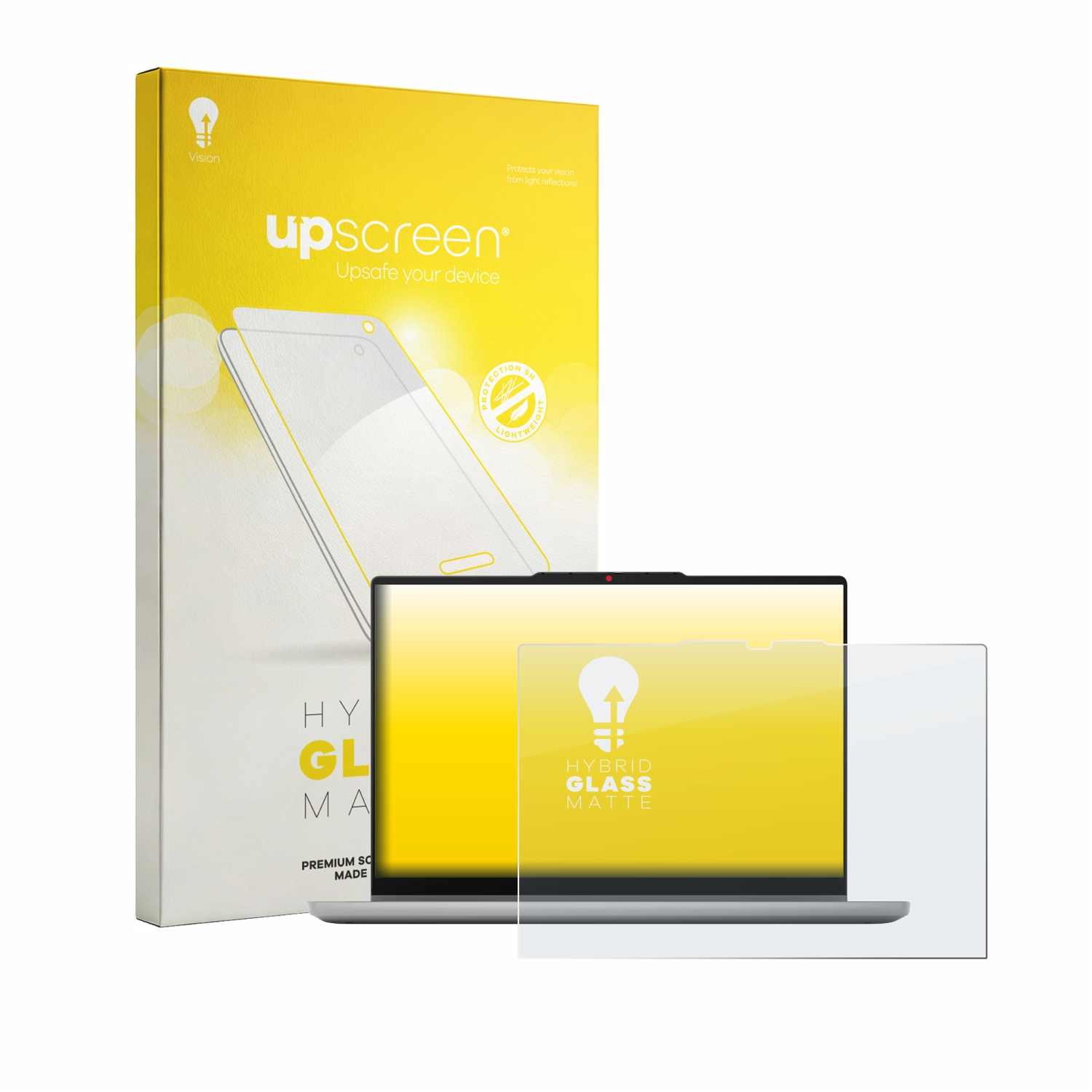 Gelber Karton mit 'upscreen'-Logo und einem Laptop mit Displayschutzfolie.