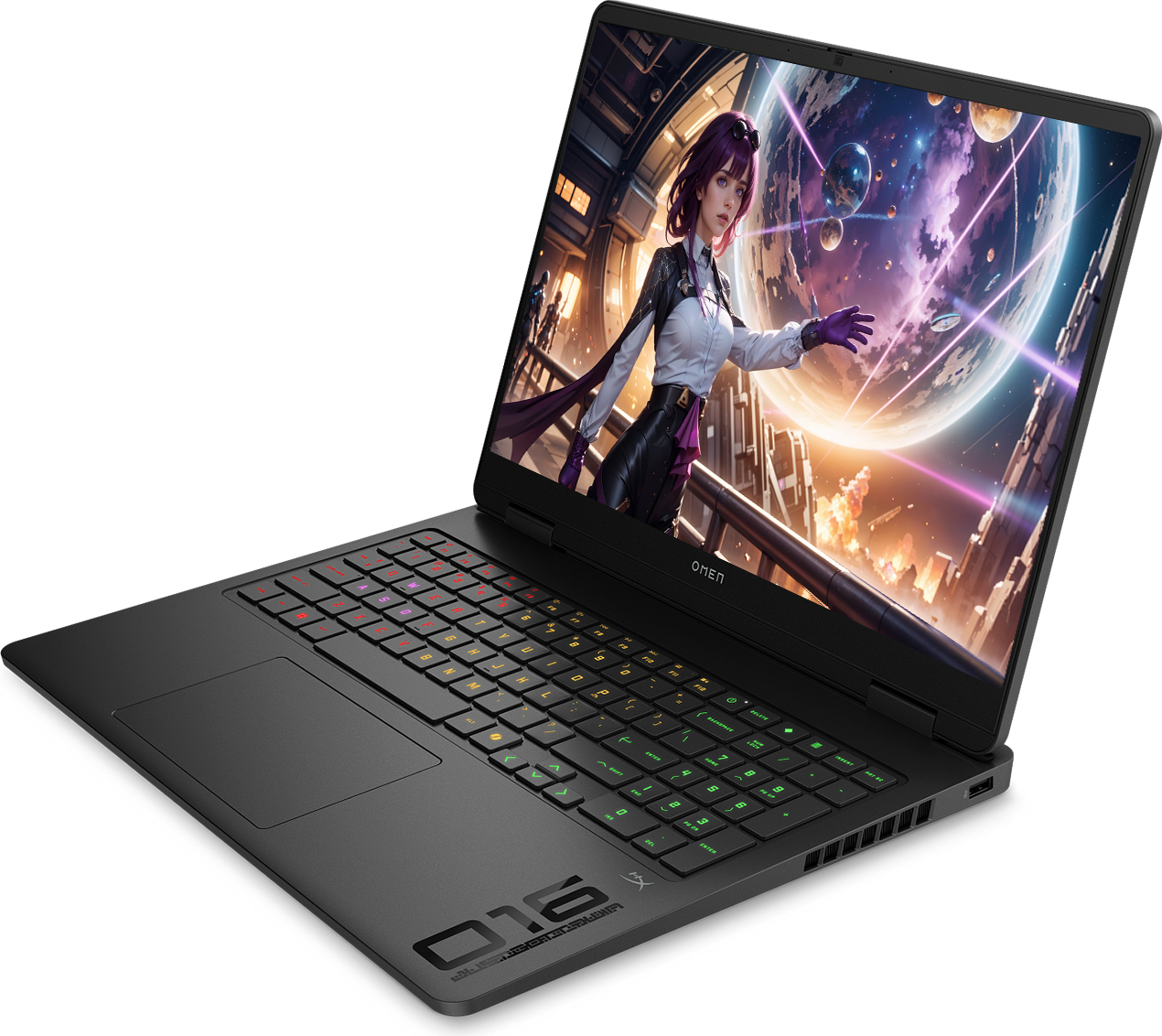 Siyah laptop, aydınlatmalı klavye ve ekranda bilim kurgu görüntüsü.