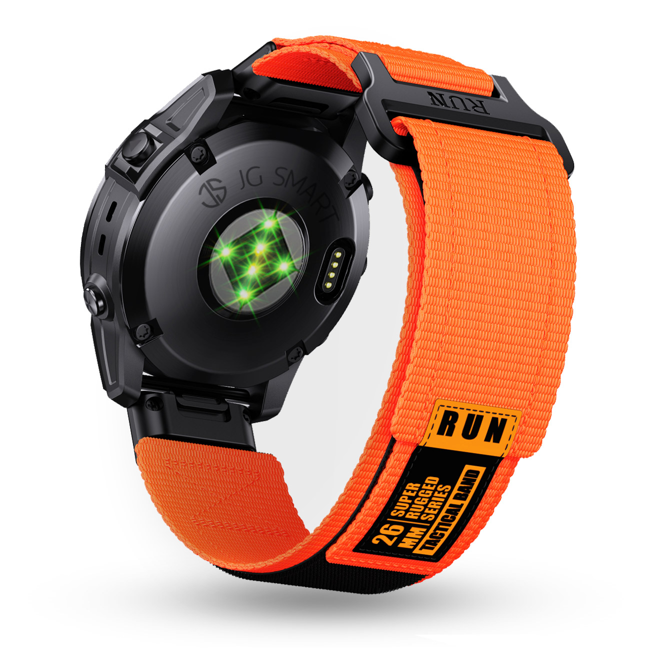Czarno-pomarańczowy smartwatch z czujnikiem tętna i paskiem materiałowym.