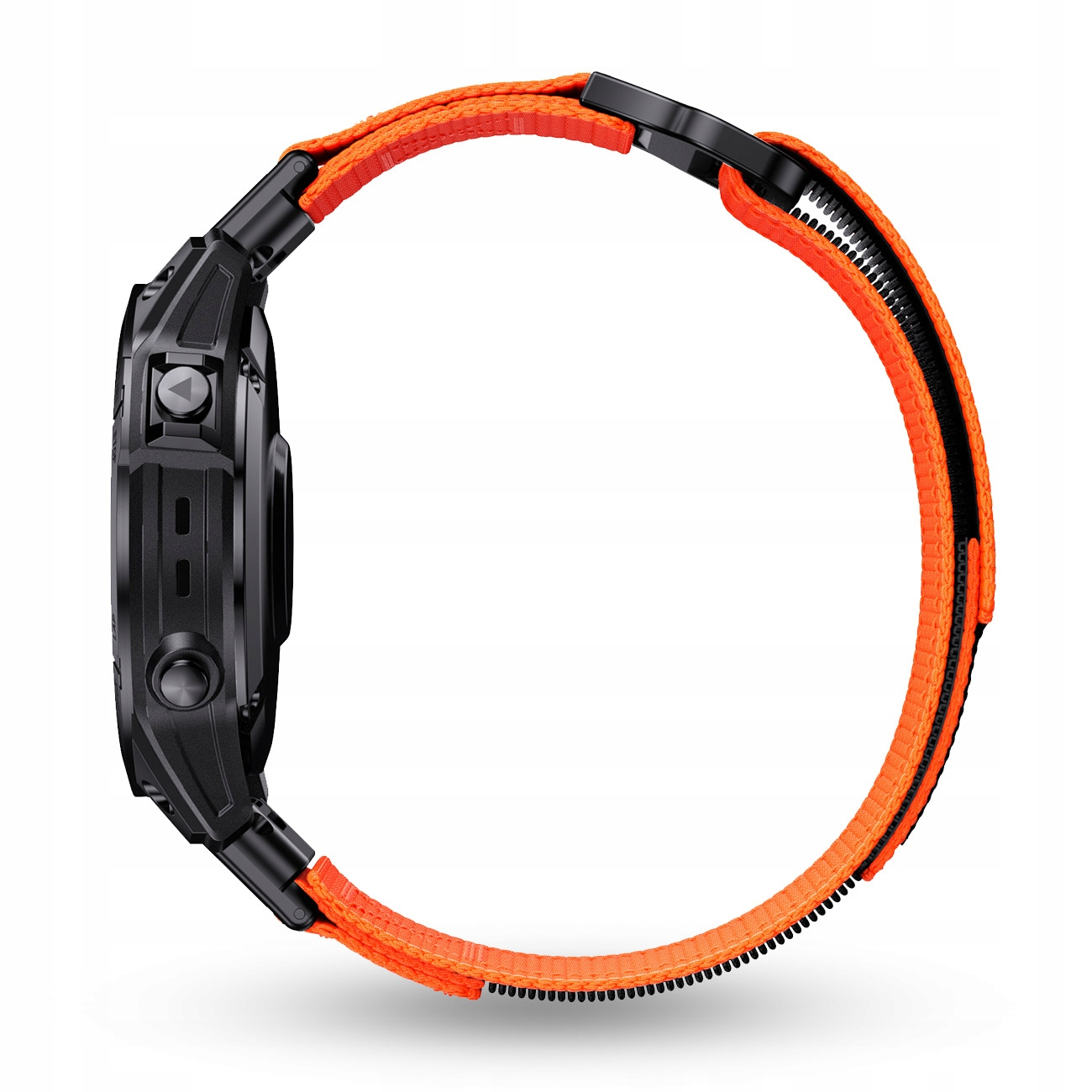 Czarny smartwatch z pomarańczowym paskiem i zamkiem błyskawicznym.