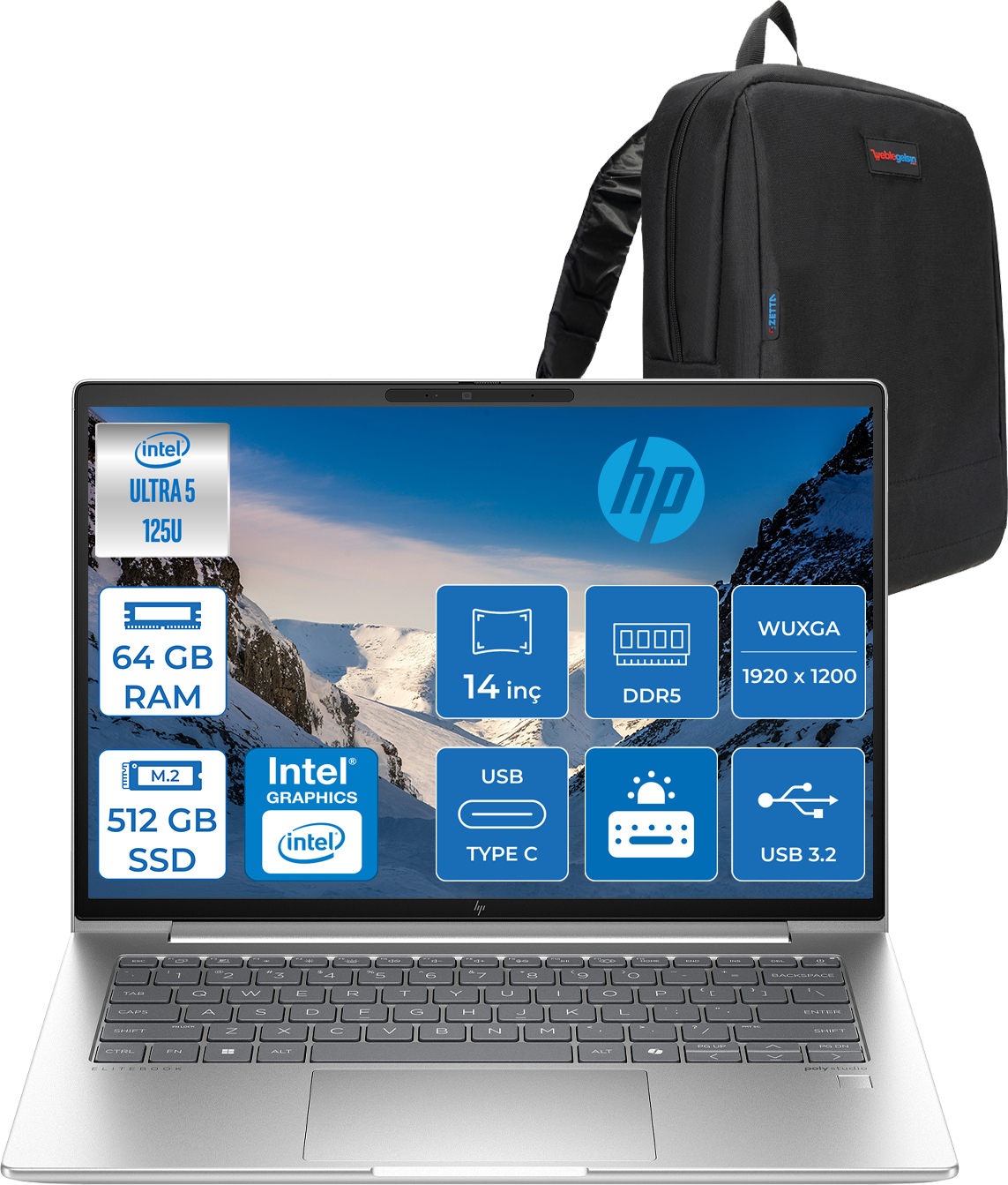 Gümüş HP dizüstü bilgisayar Intel Ultra 5, 64 GB RAM, 512 GB SSD. Siyah sırt çantası.