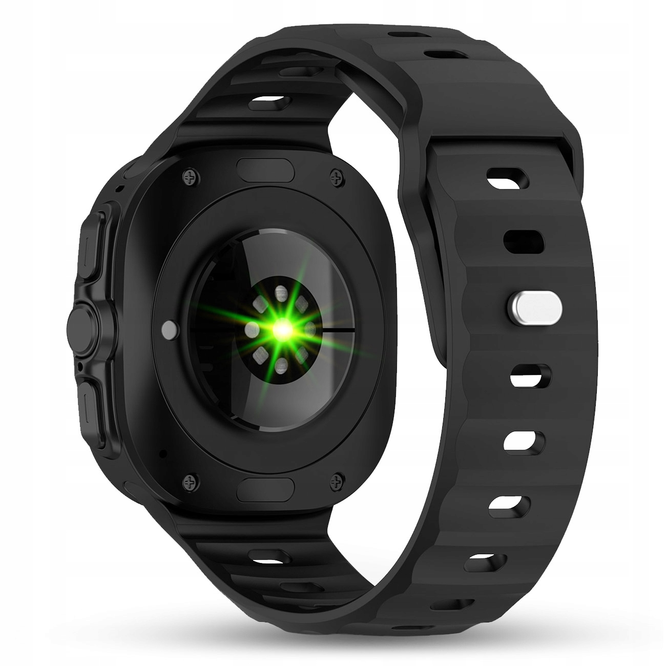 Czarny smartwatch z czujnikiem tętna emitującym zielone światło.