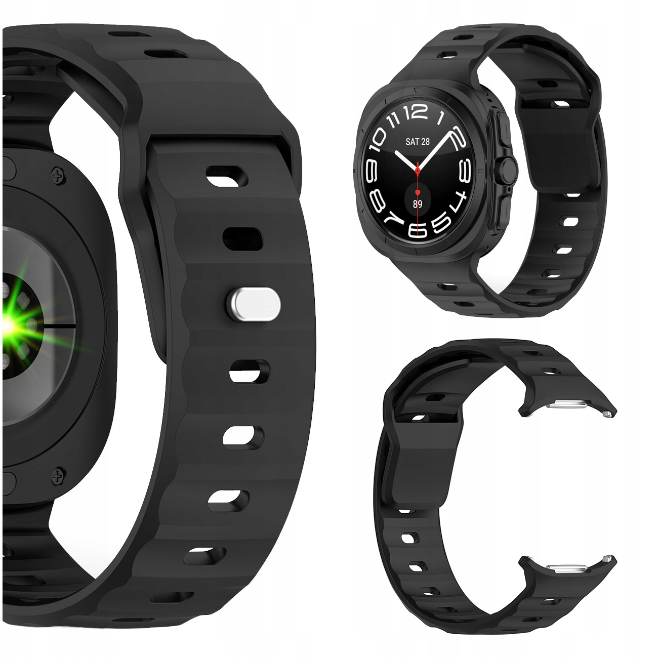 Czarny smartwatch z cyfrowym ekranem i dwoma paskami na białym tle.