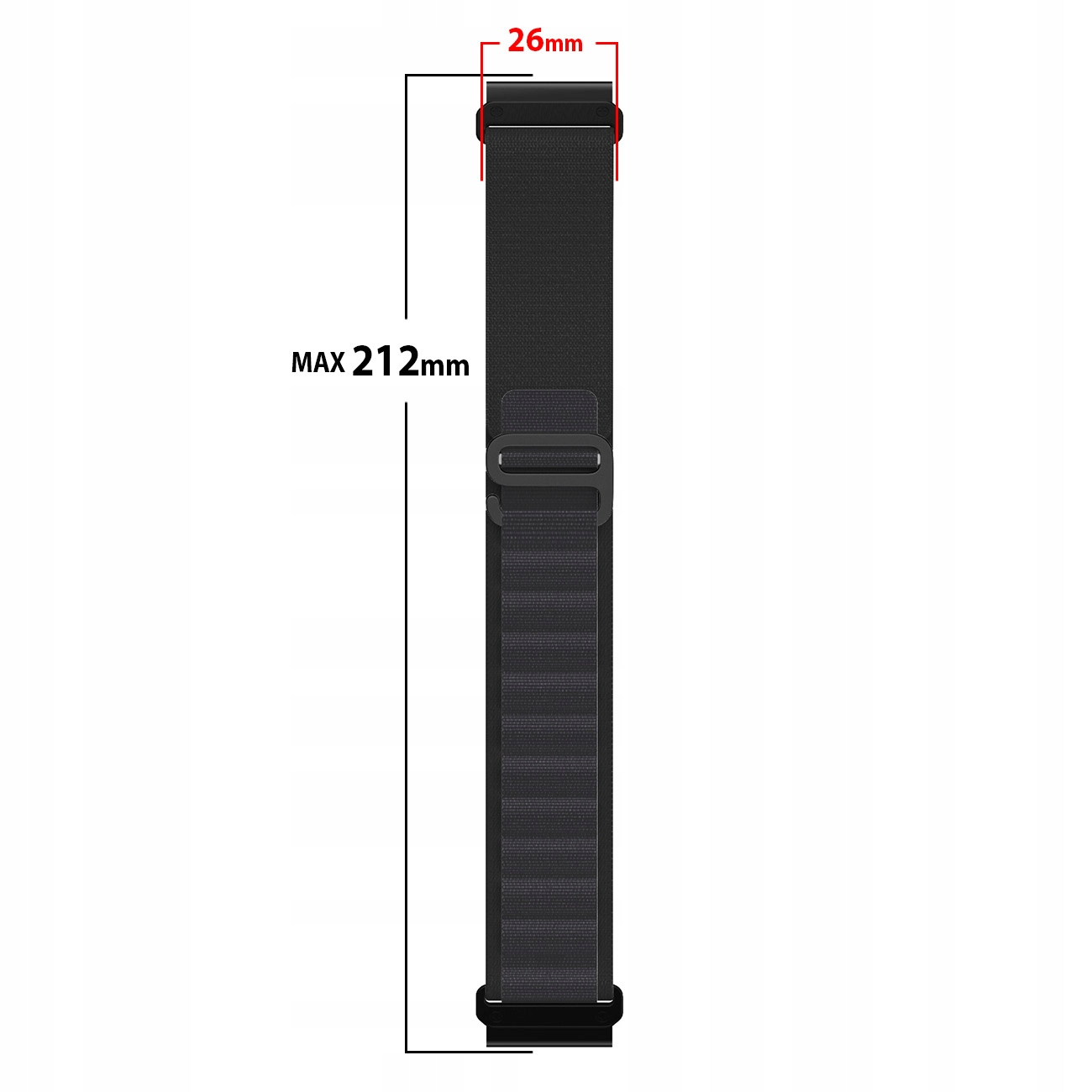 Czarna opaska na zegarek z klamrą, szerokość 26mm, max 212mm.