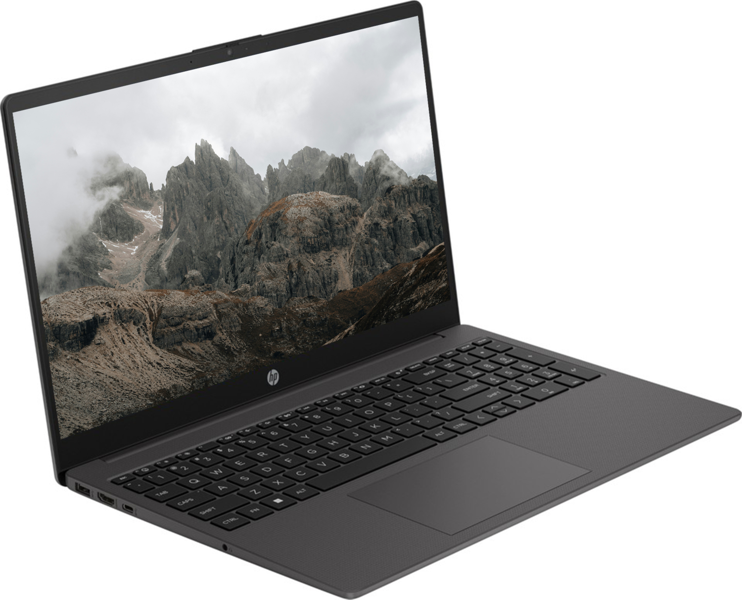 Ekranında dağ manzarası gösteren koyu renkli bir HP dizüstü bilgisayar.