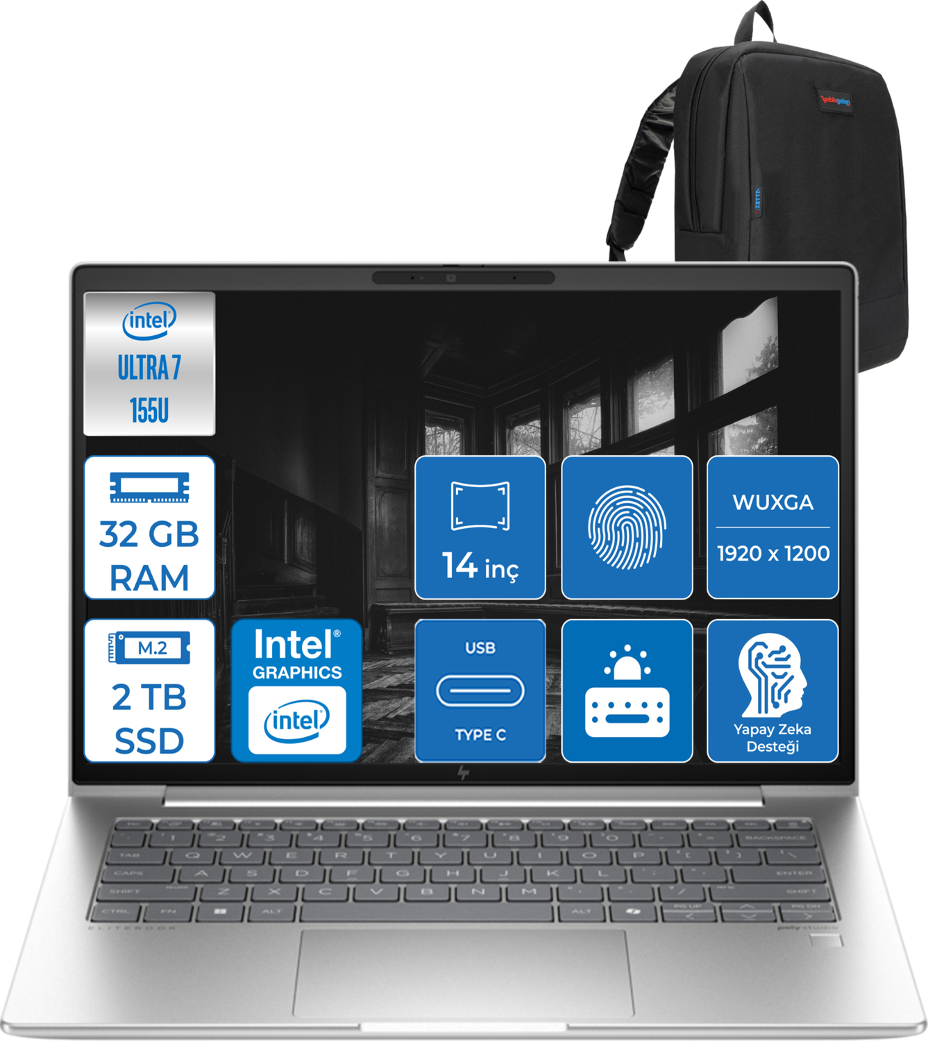 Intel Ultra 7, 32GB RAM, 2TB SSD'li laptop ve sırt çantası.