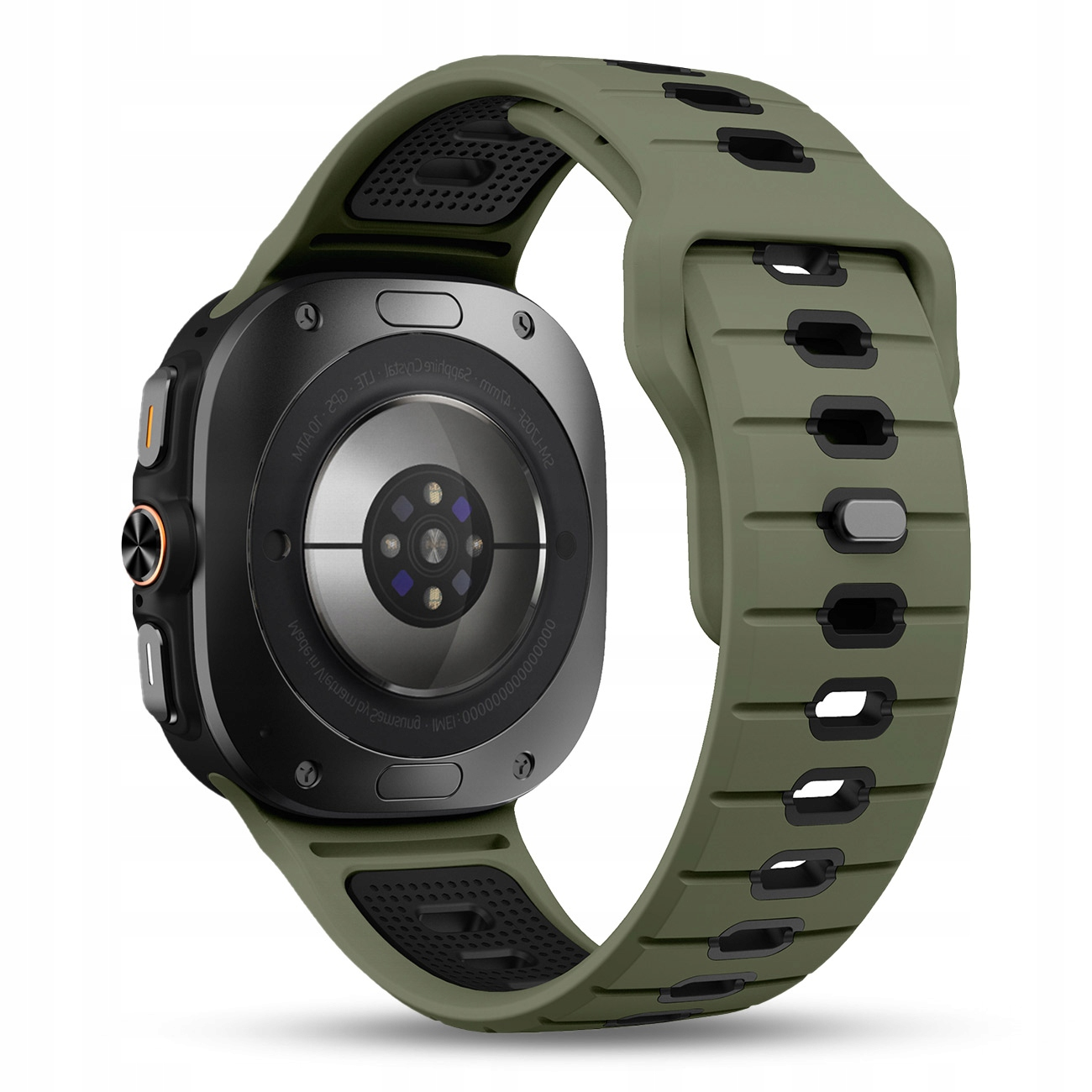 Zielony smartwatch z czarną opaską, widok z tyłu z czujnikami.