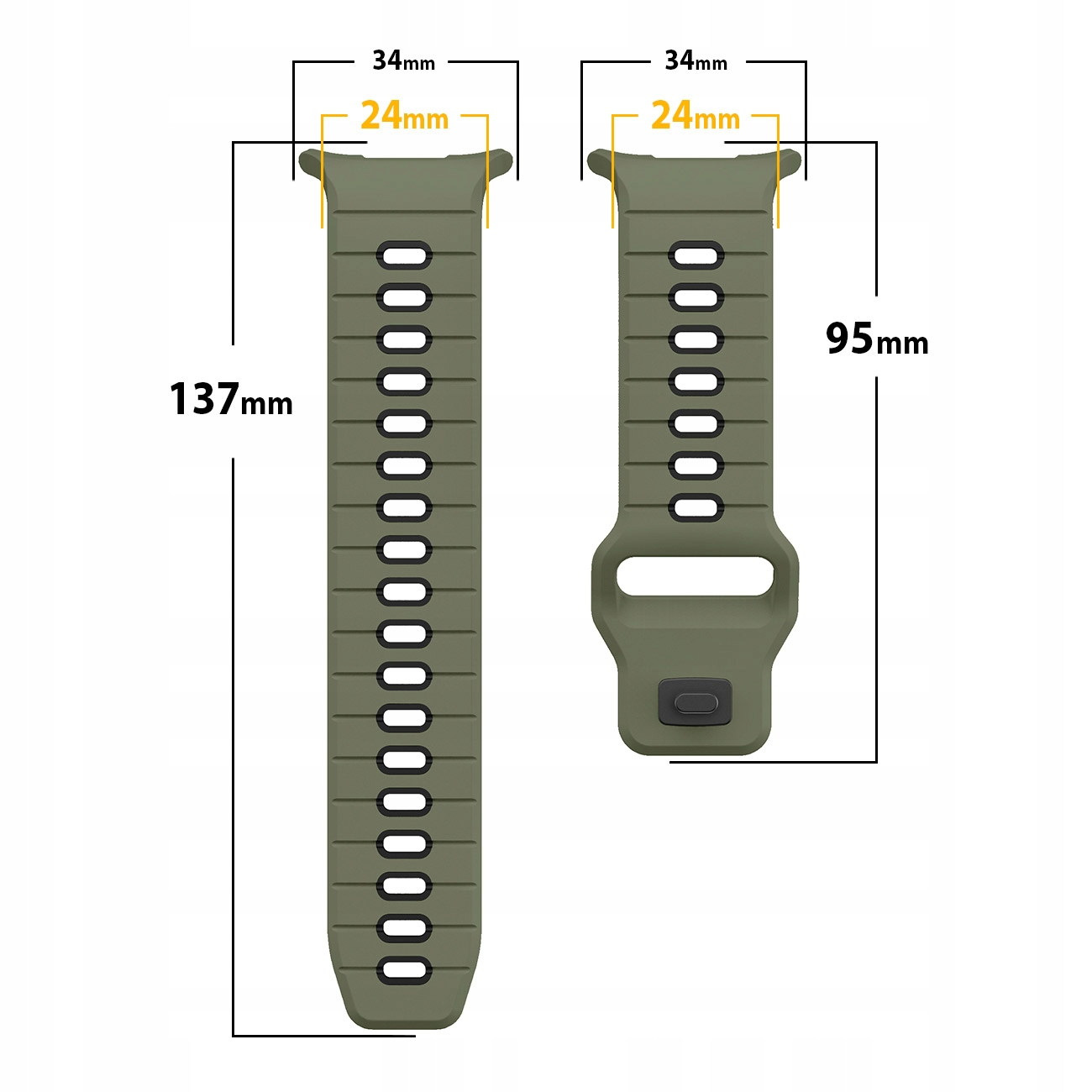 Zielone paski do zegarków z wymiarami 137mm, 95mm, 34mm i 24mm.