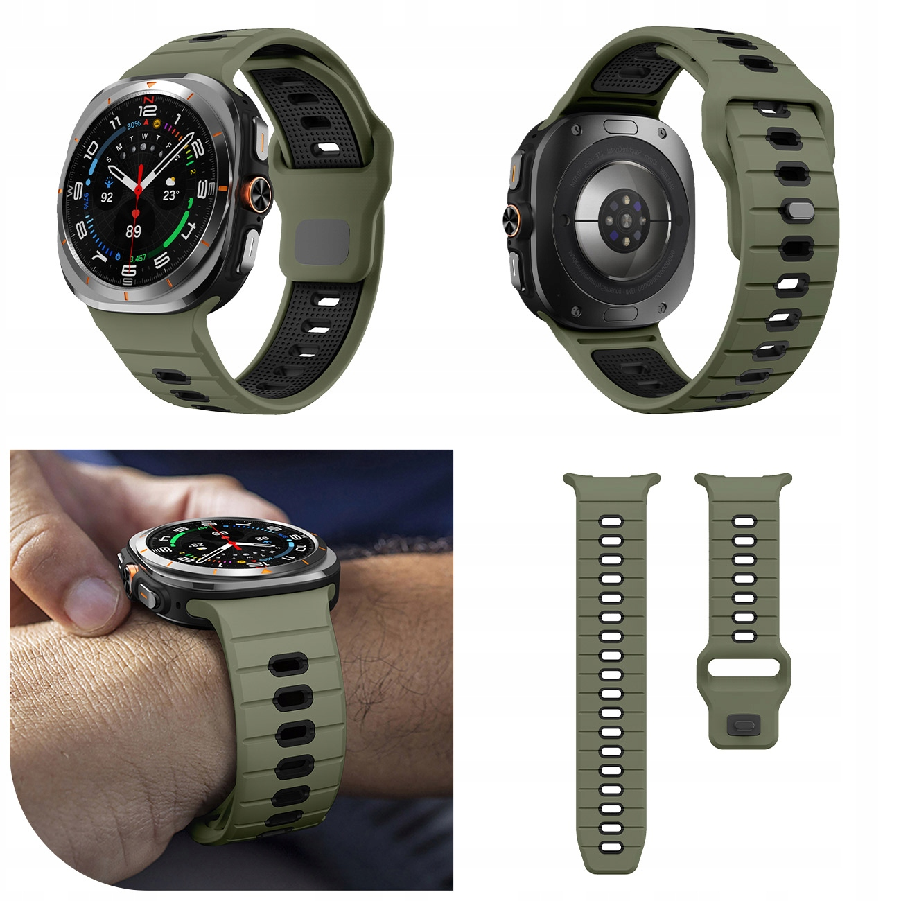 Zielony smartwatch z srebrną obudową, różne widoki i paski.