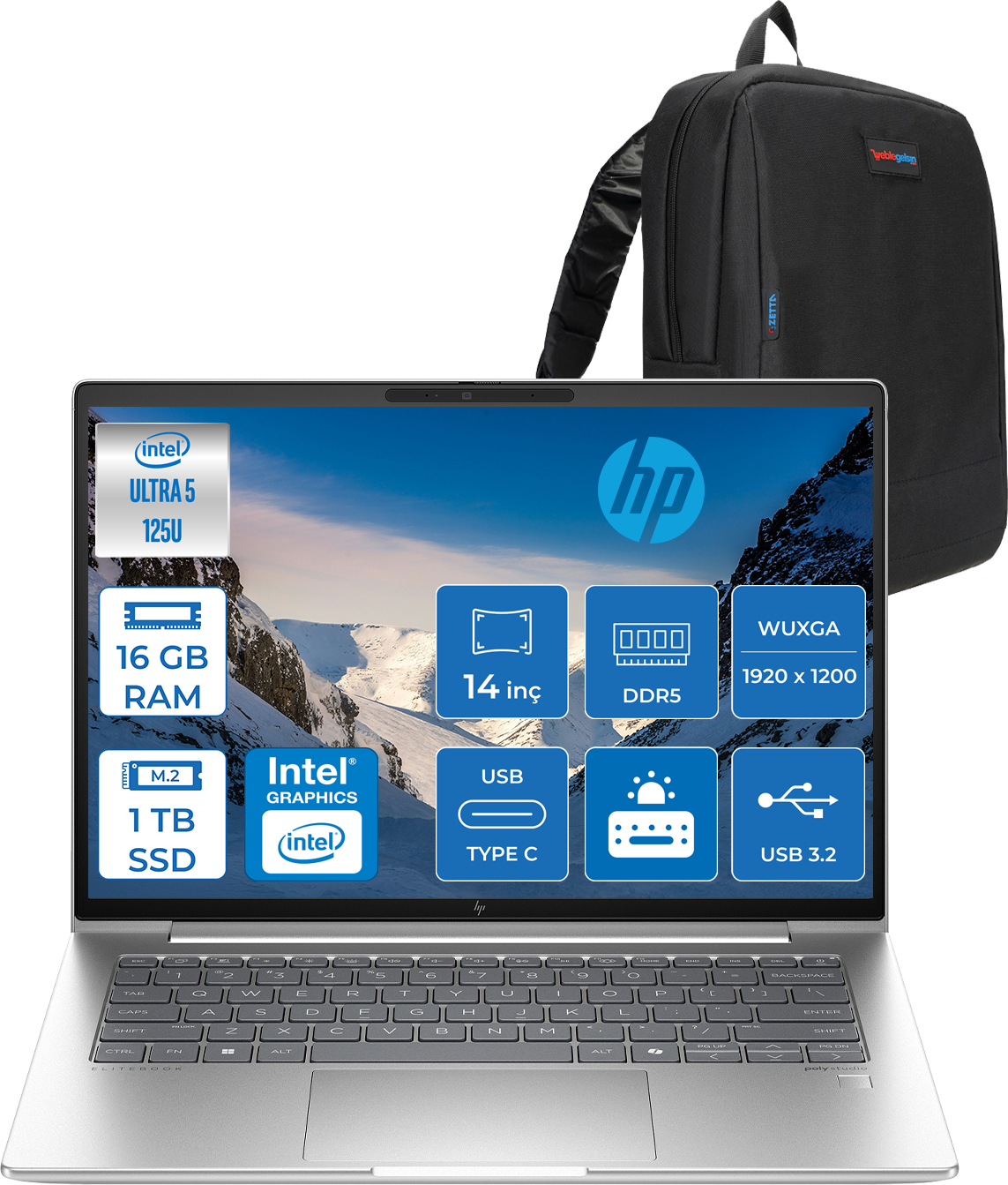 Intel Ultra 5 işlemcili gümüş HP dizüstü bilgisayar ve siyah sırt çantası.