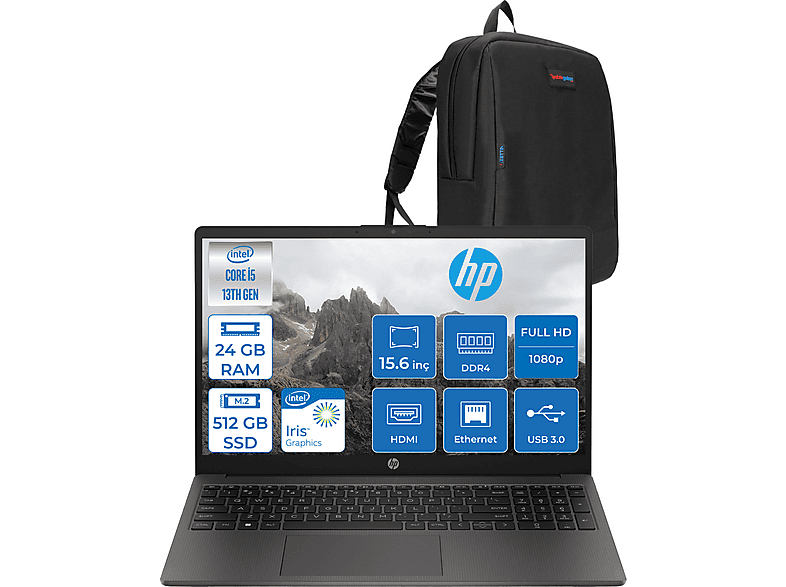 HP 250 G10 Intel® Iris® Xᵉ Grafik B2NC5ESF12 Intel Core i5-1334U 24 GB RAM 512 GB SSD 15,6 inç FreeDOS Laptop+Çanta Siyah