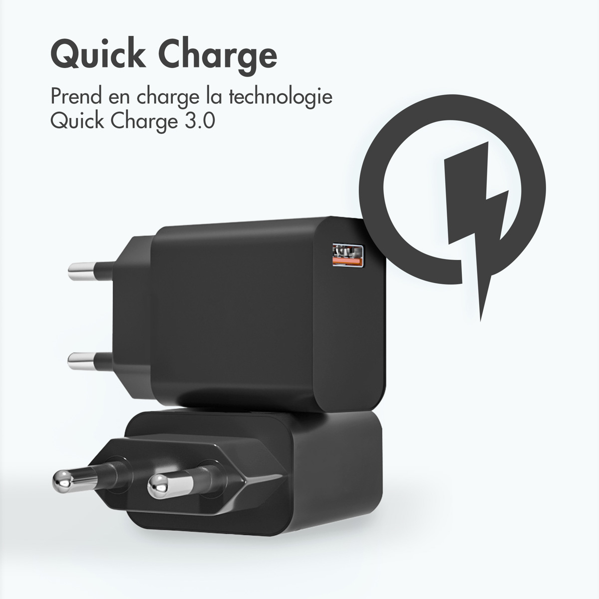 Two black quick charge adapters with USB ports and a lightning bolt icon.