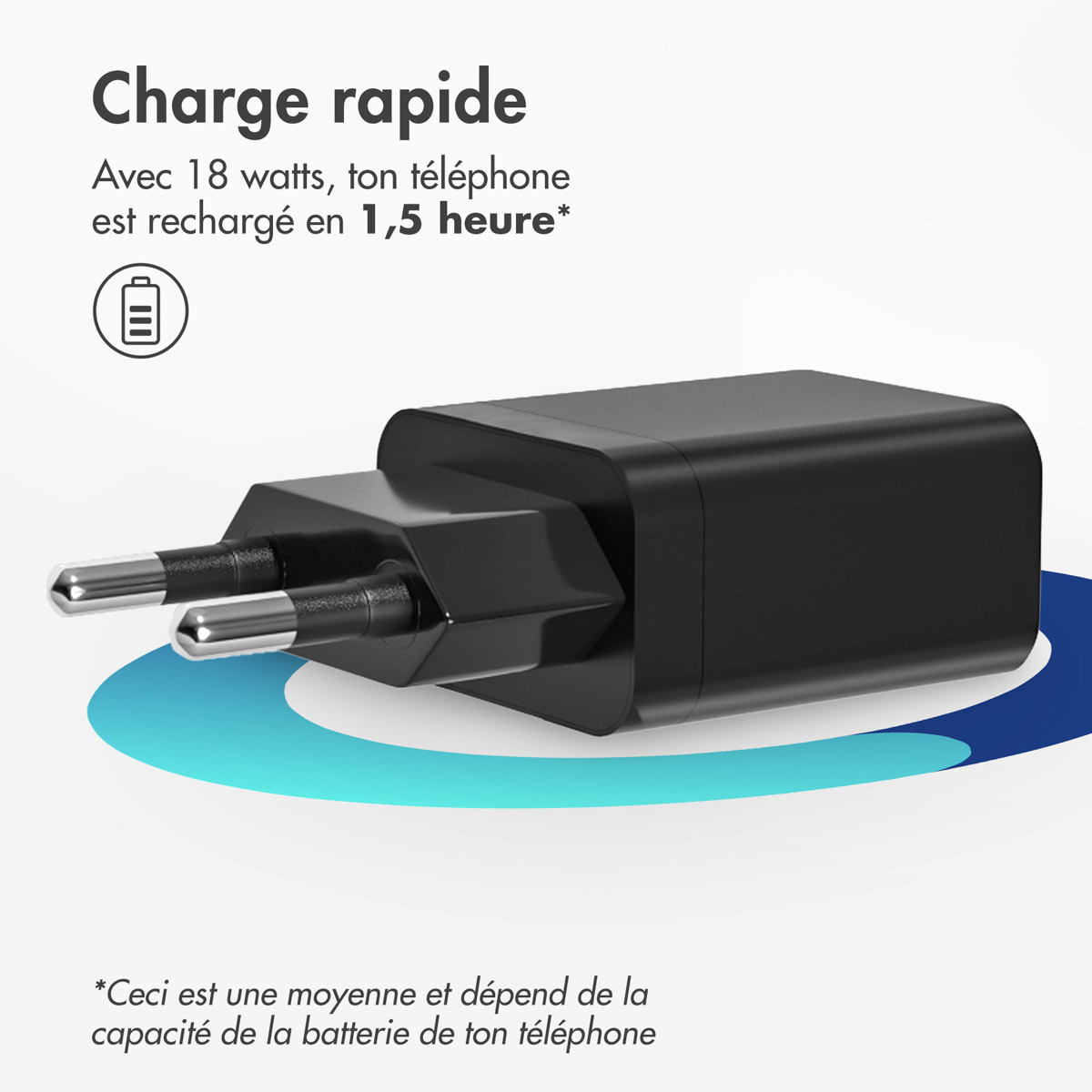Black phone charger with two prongs and a blue circular design.