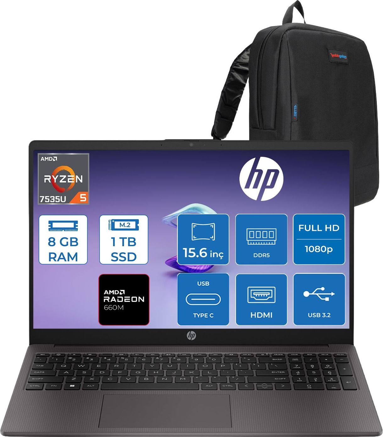 AMD Ryzen 7535U, 8GB RAM, 1TB SSD'li siyah HP dizüstü bilgisayar ve siyah çanta.