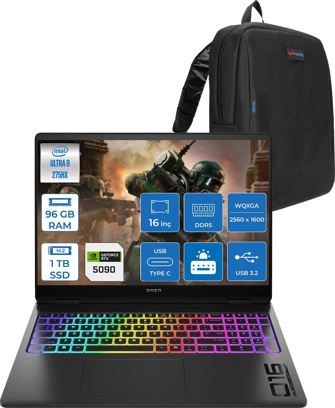 RGB klavyeli siyah Omen dizüstü bilgisayar ve siyah sırt çantası. Özellikler: Intel Ultra 9, 96 GB RAM, 1 TB SSD.