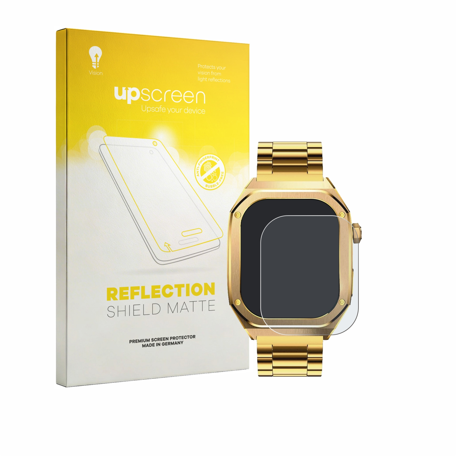 Goldene Smartwatch mit einem Displayschutz und der Verpackung daneben.