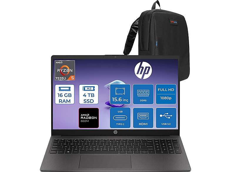HP 255 G10 AMD Radeon 660M FHD 250NITS D30M3ETF04 AMD Ryzen 5 7535U 16 GB RAM 4 TB SSD 15,6 inç FreeDOS Laptop+Çanta Gri