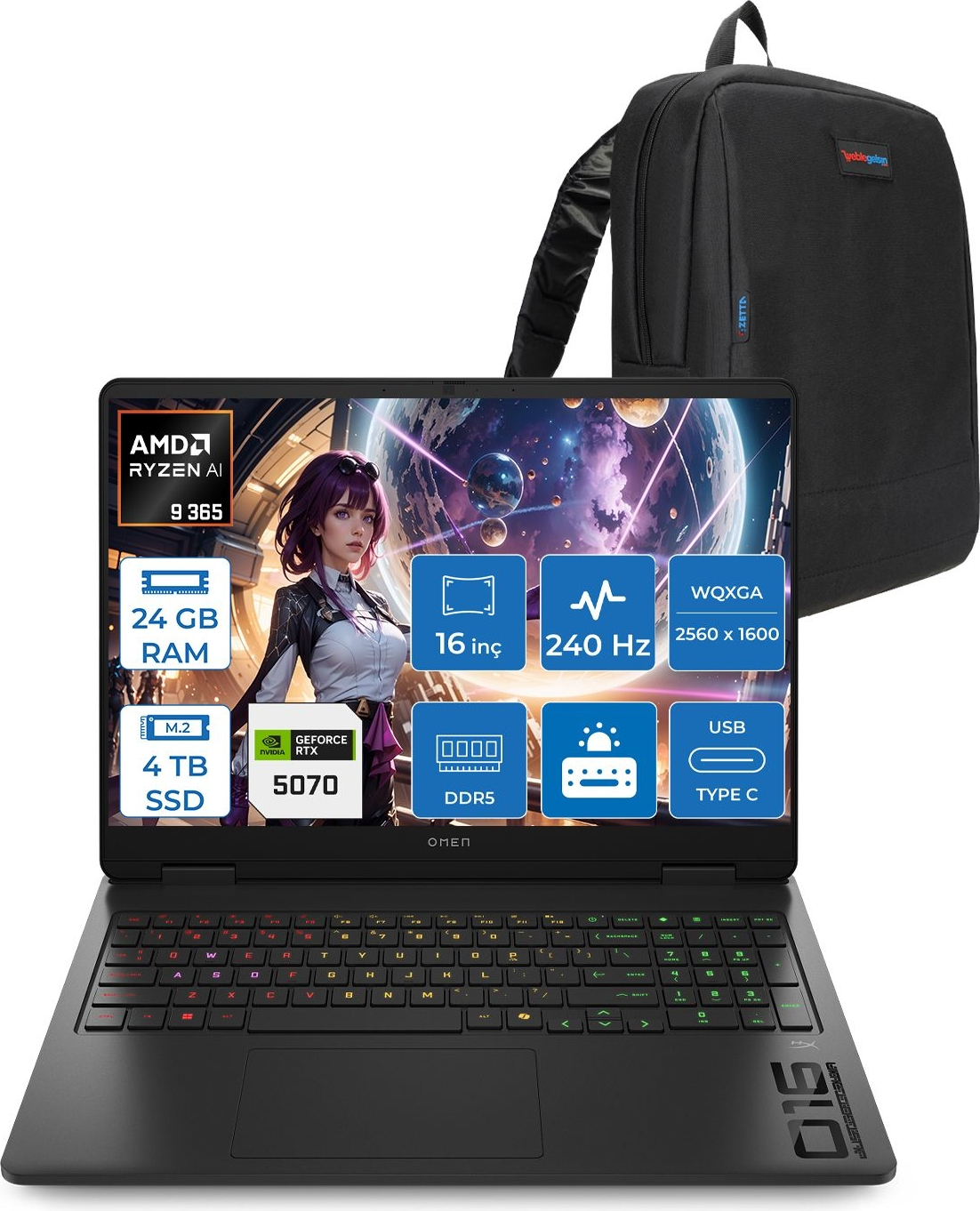 Ryzen AI, 24 GB RAM, 4 TB SSD, RTX 5070 ve sırt çantalı siyah dizüstü bilgisayar.
