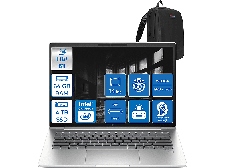 HP EliteBook 640 G11 DDR5 FHD 400NIT WUXGA HA23E2EA019 Intel Core Ultra 7 155U 64 GB RAM 4 TB SSD 14 inç FreeDOS Laptop+Çanta Gümüş