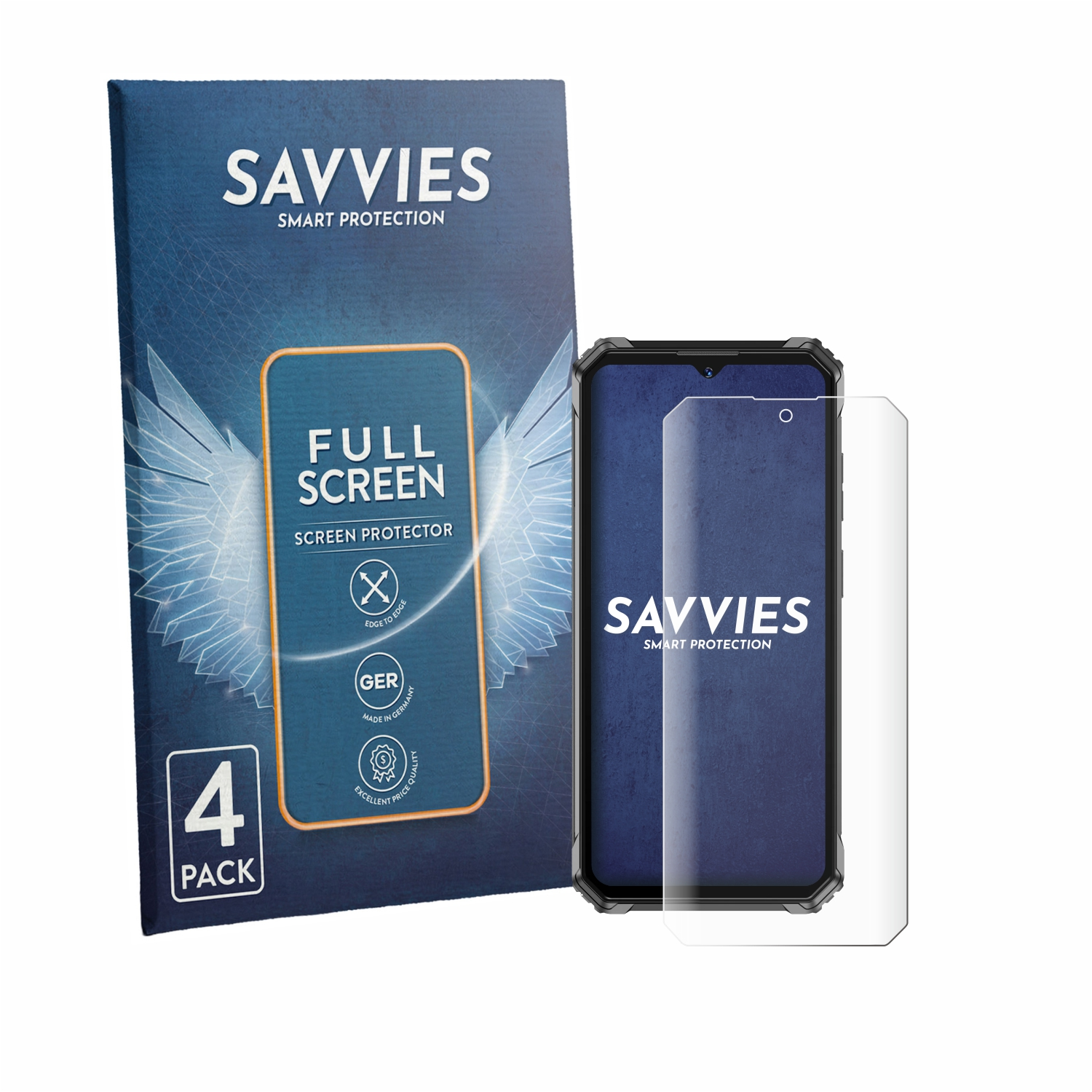 Savvies 4er-Pack Vollbildschirmschutz-Box neben einem Smartphone mit Schutz.