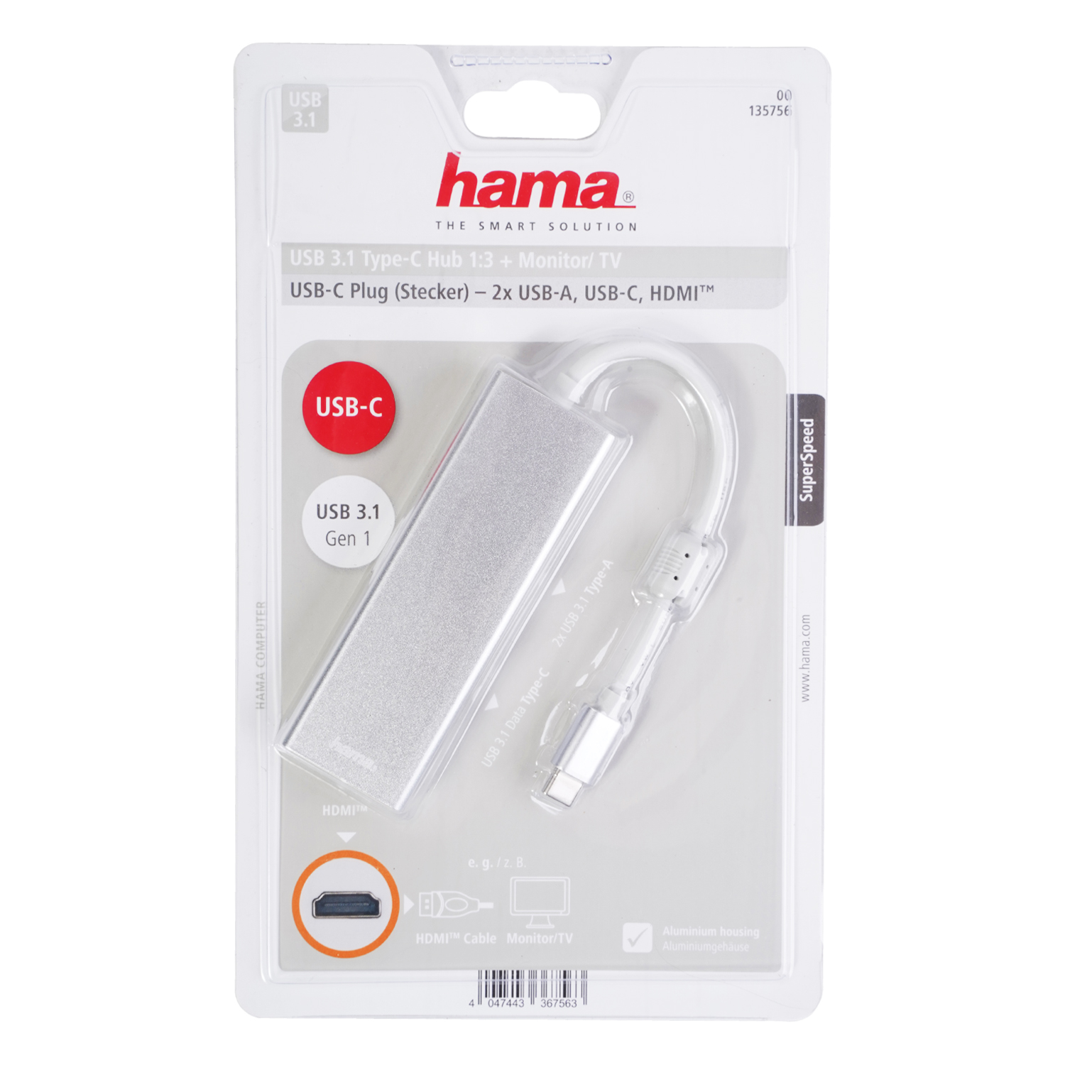 HAMA 135756 ALUMINIUM USB3 TYPE-C SIL, USB Hub, Silber