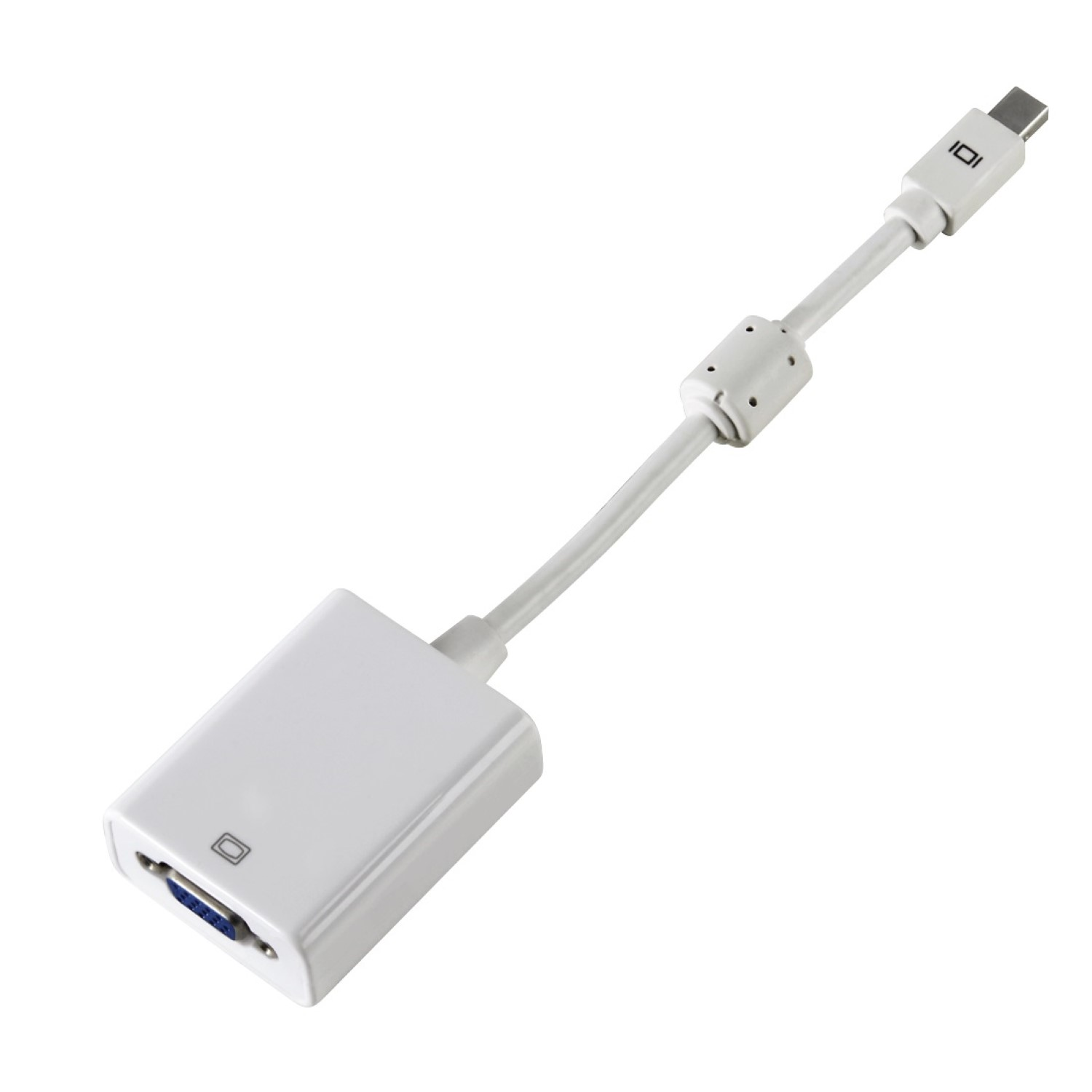 Ein weißer Adapter mit einem USB-C-Stecker und einem VGA-Anschluss.
