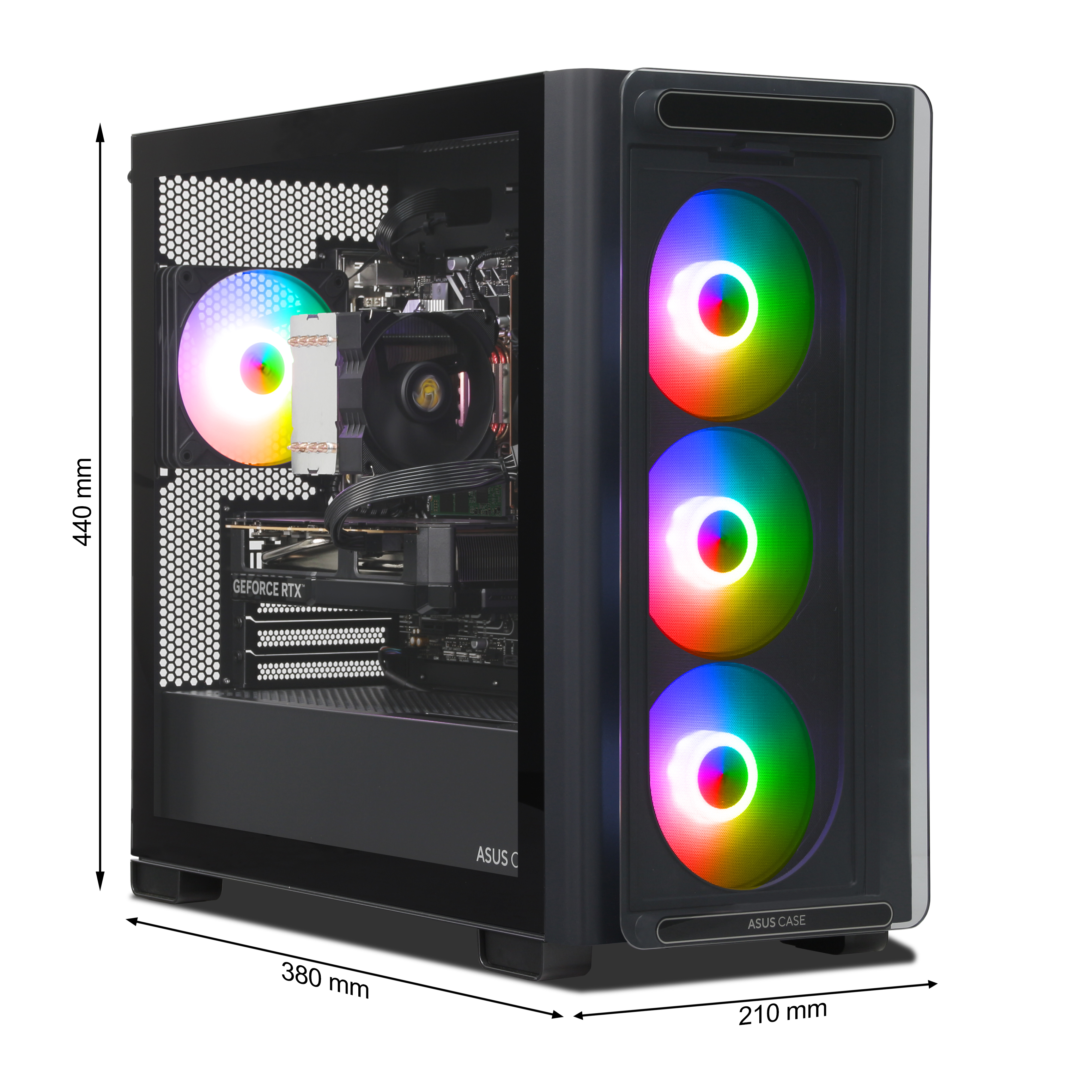 Una caja de PC negra con ventiladores RGB y componentes visibles. Dimensiones: 440x380x210 mm.