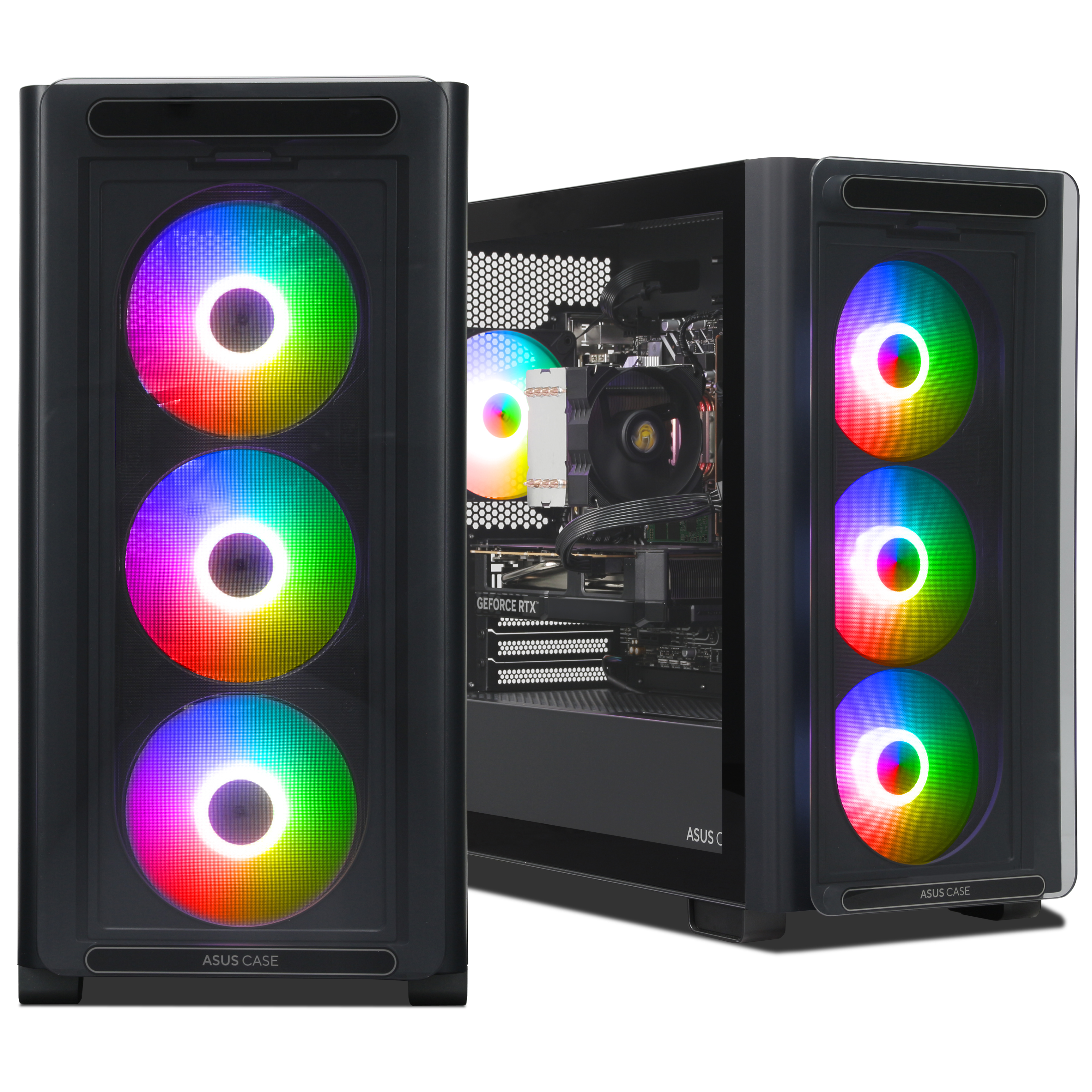 Dos cajas de PC negras con ventiladores RGB coloridos y componentes internos visibles.