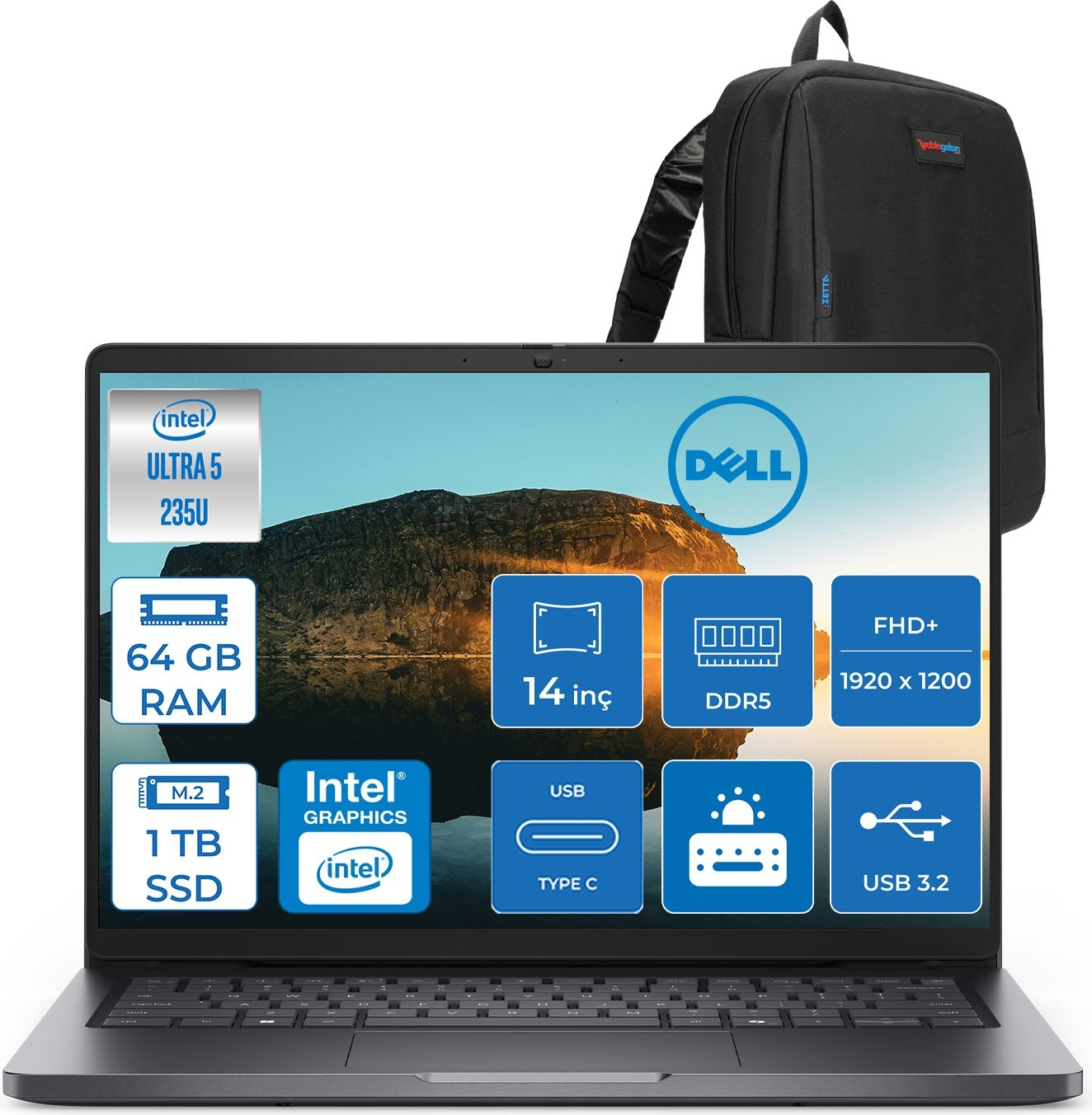 Intel Core Ultra 5 işlemcili siyah Dell dizüstü bilgisayar ve sırt çantası. Ekranda özellikler.