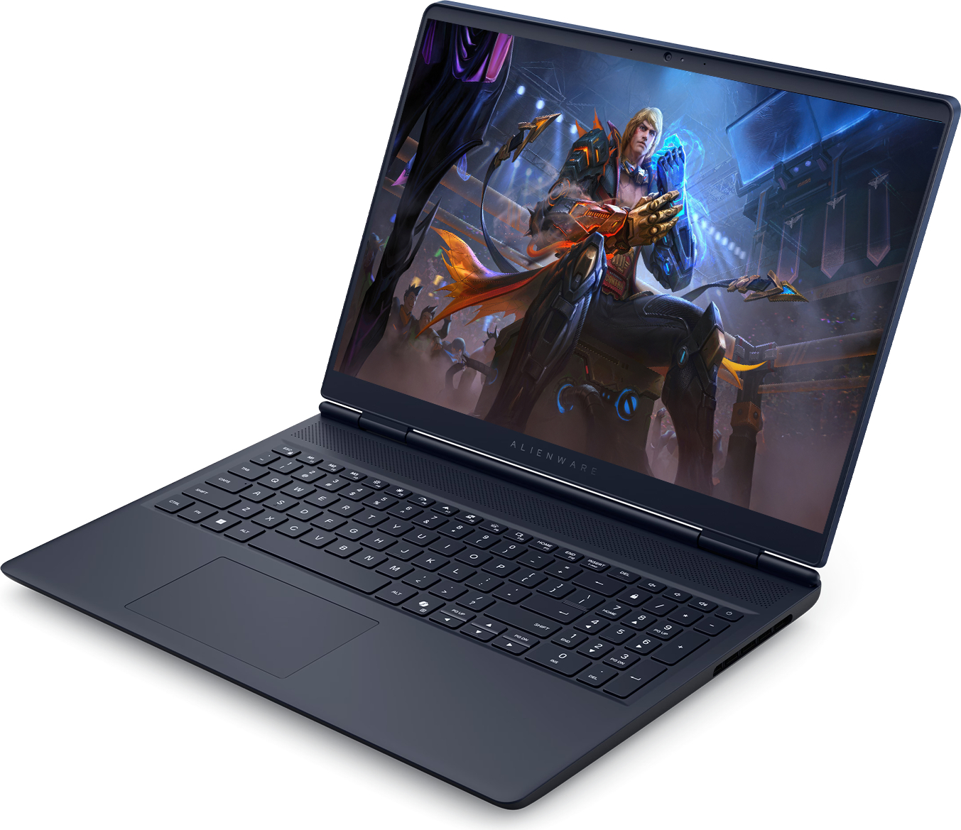 Ekranında oyun karakteri olan koyu renkli bir Alienware dizüstü bilgisayar.