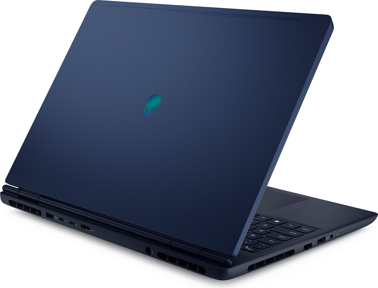 Açık kapaklı, parlayan uzaylı logolu koyu mavi dizüstü bilgisayar.