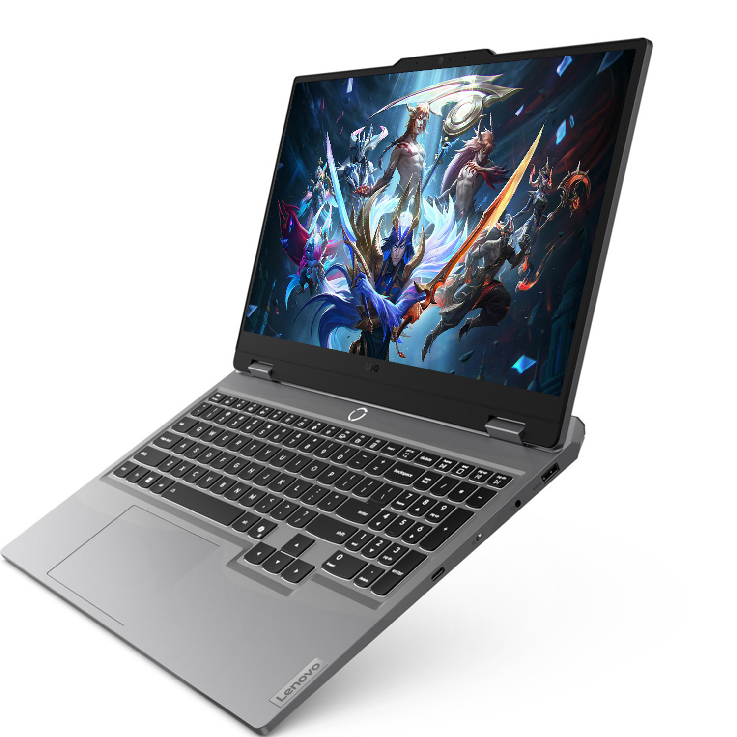 Ekranında renkli bir oyun gösteren gri bir Lenovo oyun dizüstü bilgisayarı.