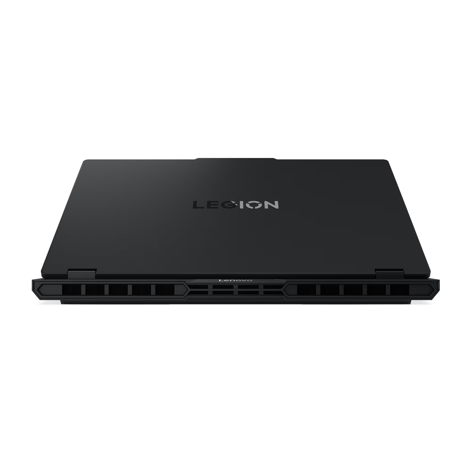 Kapalı siyah Lenovo Legion dizüstü bilgisayar, havalandırma delikleri ve logosu.