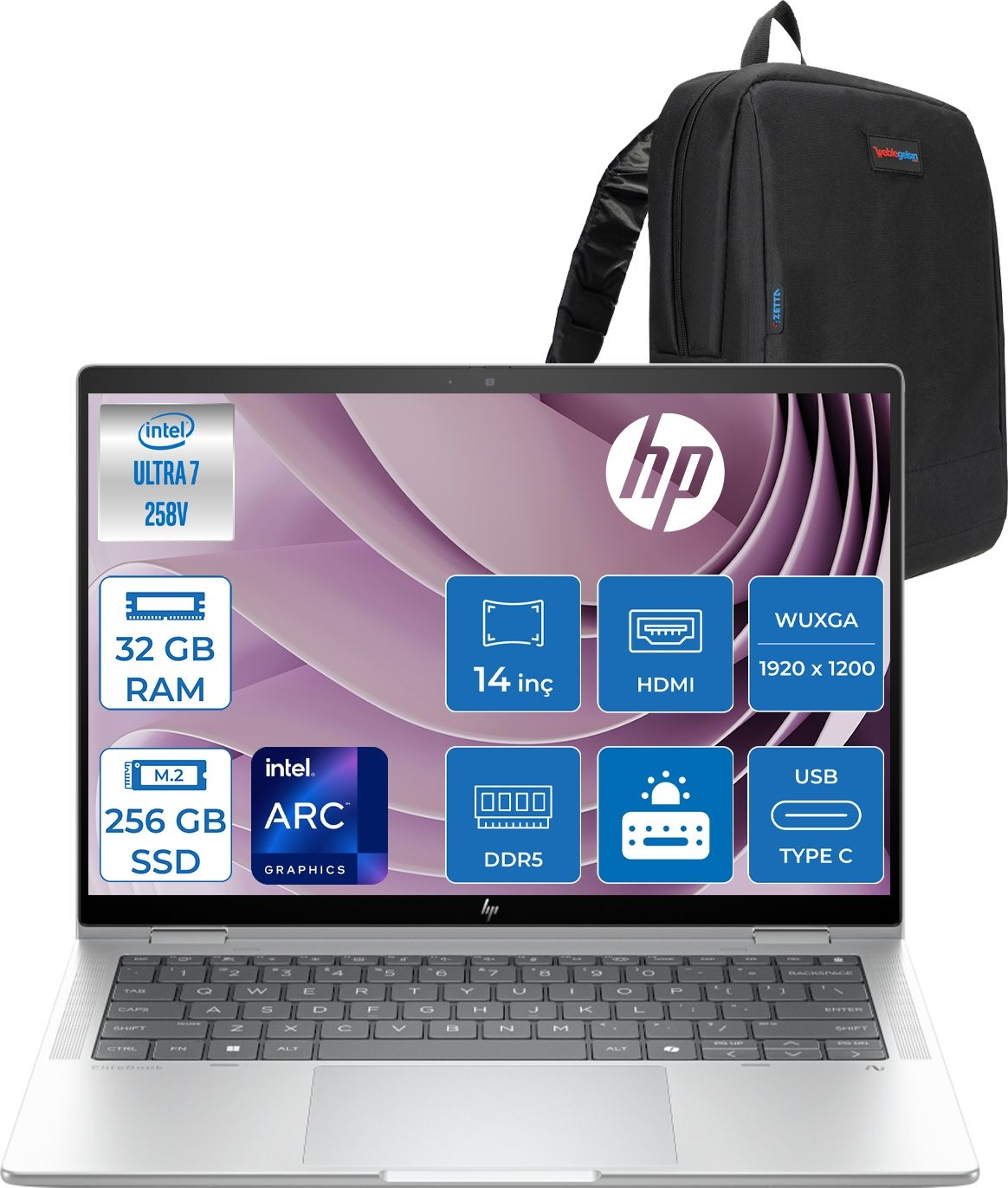 Intel Ultra 7, 32 GB RAM, 256 GB SSD ve Intel Arc grafikli açık HP dizüstü bilgisayar.