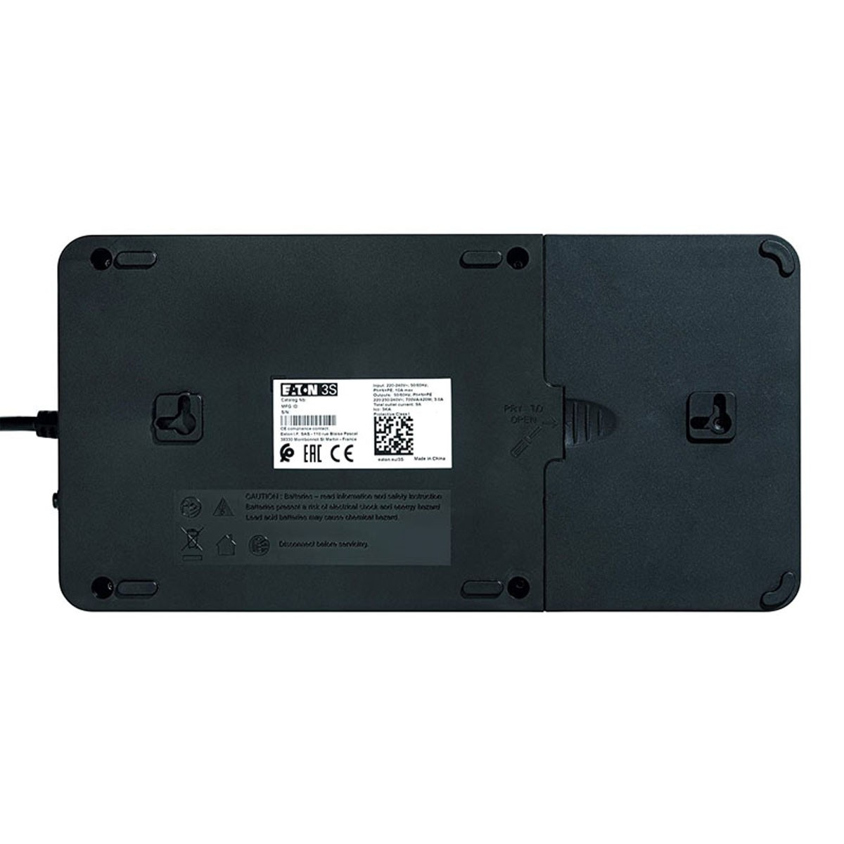 Parte inferiore di un dispositivo Eaton 3S nero con varie etichette di avvertenza.