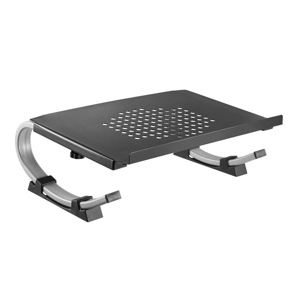 Un supporto nero per laptop con superficie forata e gambe argentate.