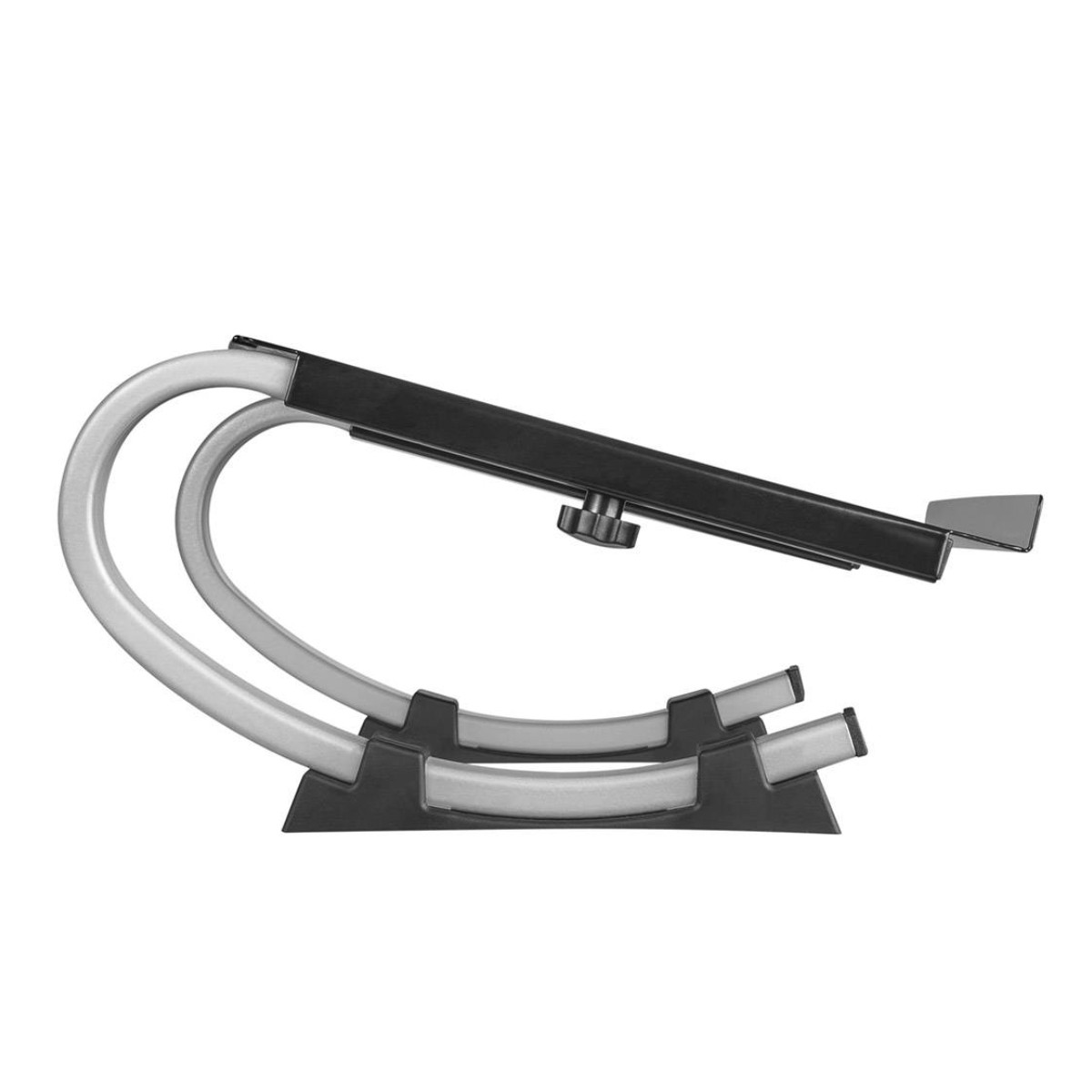 Un supporto portatile per laptop nero e argento dal design curvo.
