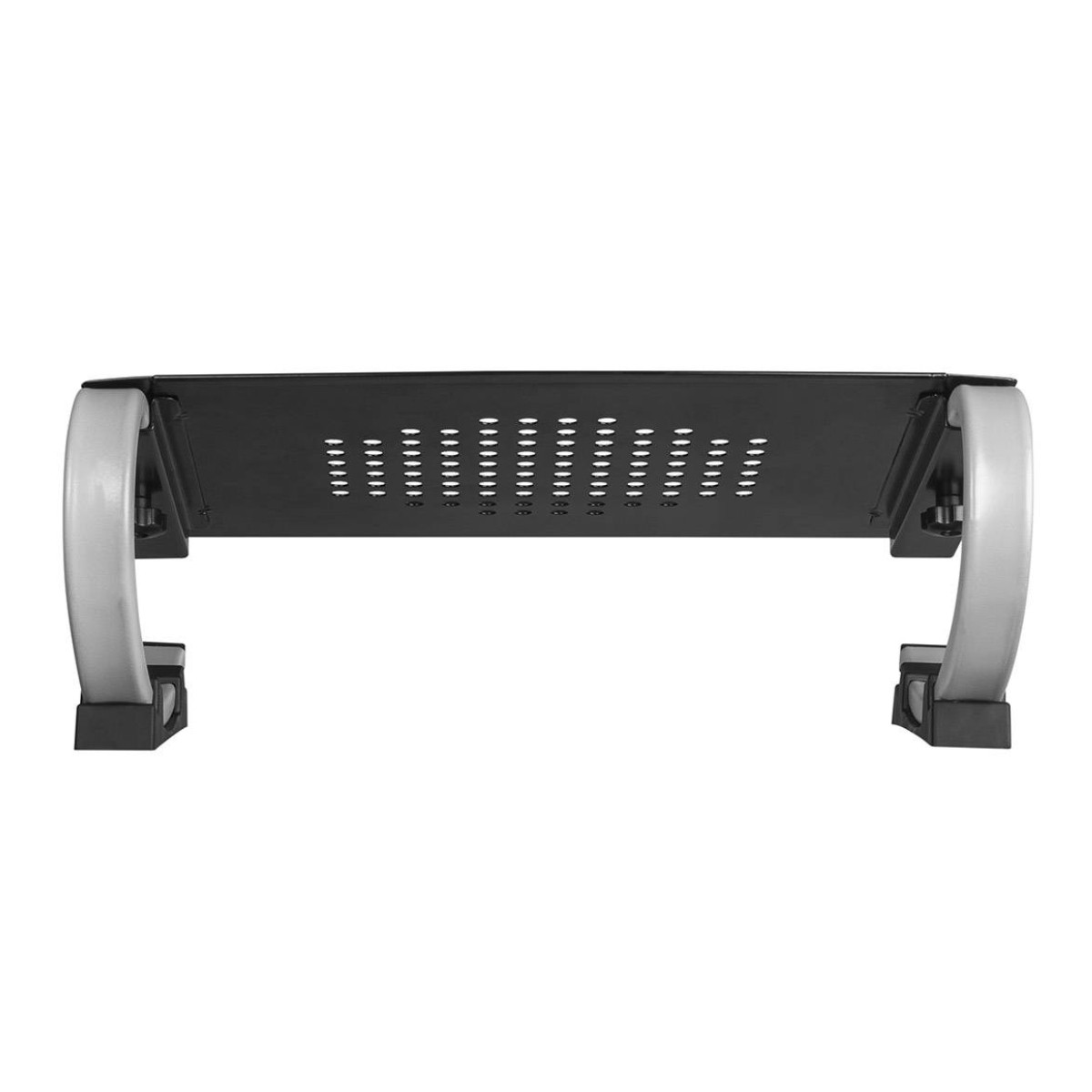 Supporto nero per laptop con bracci argentati e fori di ventilazione.