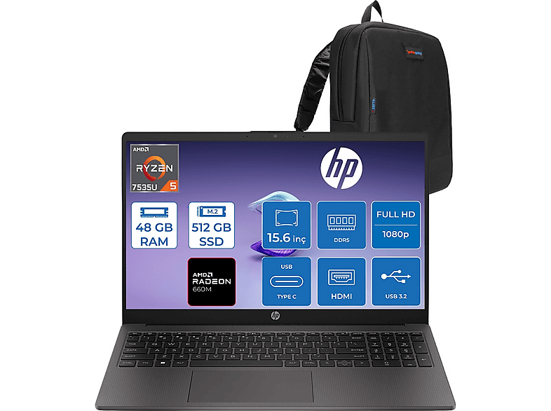 HP Hp 255 G10 Ryzen 5 7535U 48GB 512GB Amd Radeon 660M 15.6" Fhd 250NITS Freedos D30M3ETF17+ZETTAÇNT 7535U 48 GB RAM 512 GB SSD 15,6 inç FreeDOS Notebook Gri