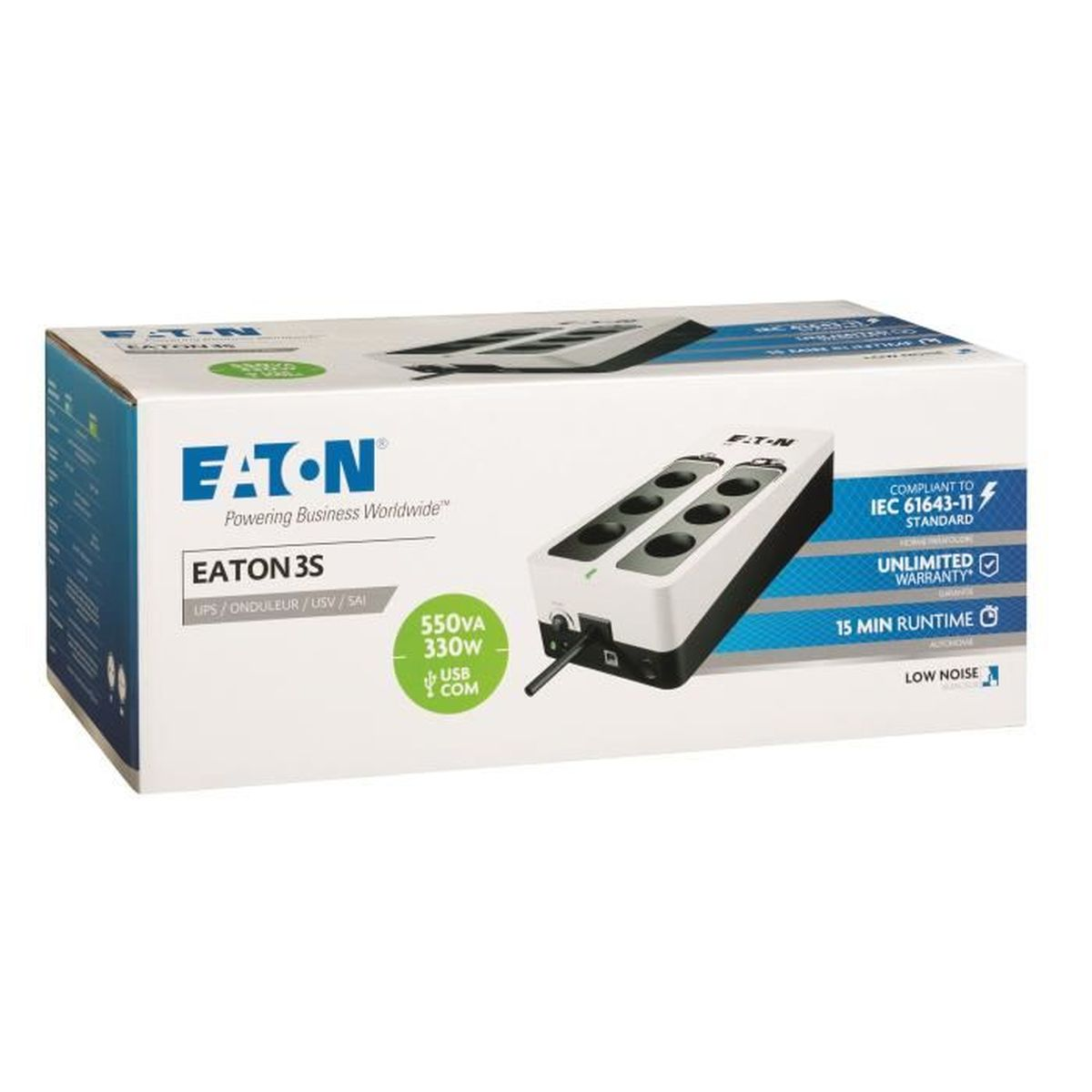 Confezione Eaton 3S UPS con ciabatta bianca e nera a sei prese.